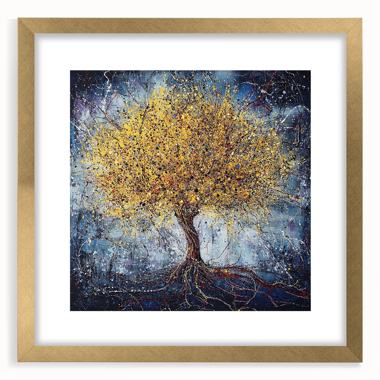 Abstract floral frame with a gold mat, showcasing a vibrant arrangement of colorful flowers and leaves, ideal for modern home decor or art collections.