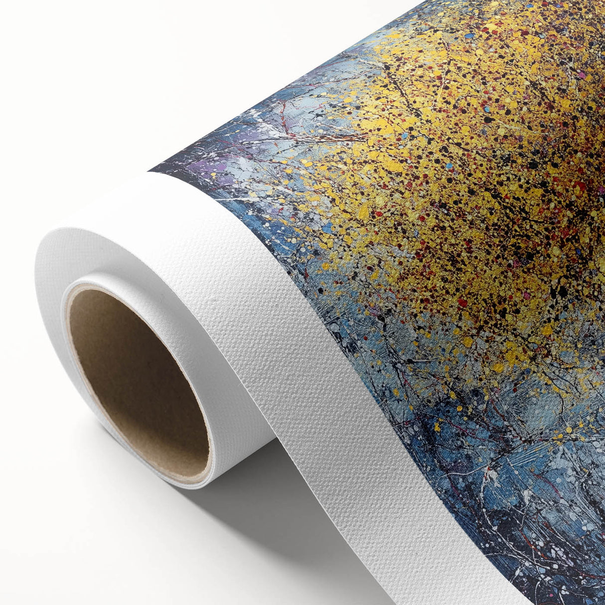 Vibrant abstract floral design on rolled canvas, showcasing rich colors and intricate patterns, ideal for home decor. Packaged securely in a cardboard tube for safe delivery.