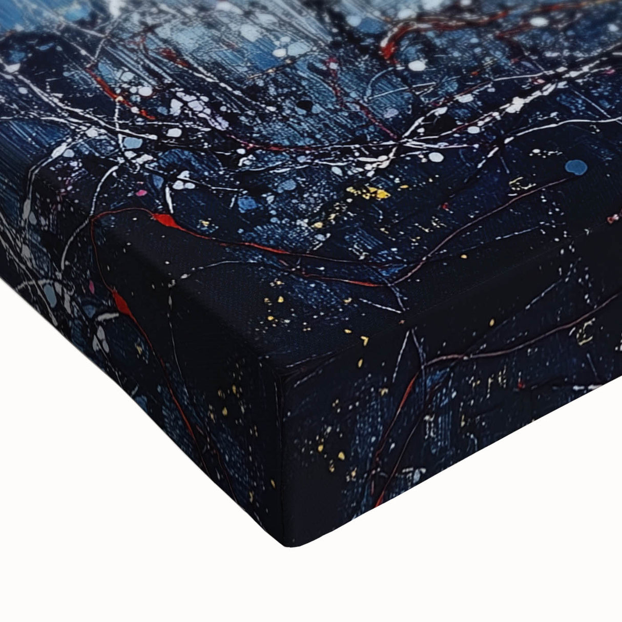 Close-up of an abstract floral stretched canvas showcasing vibrant colors, intricate brush strokes, and a textured surface, perfect for modern home decor.