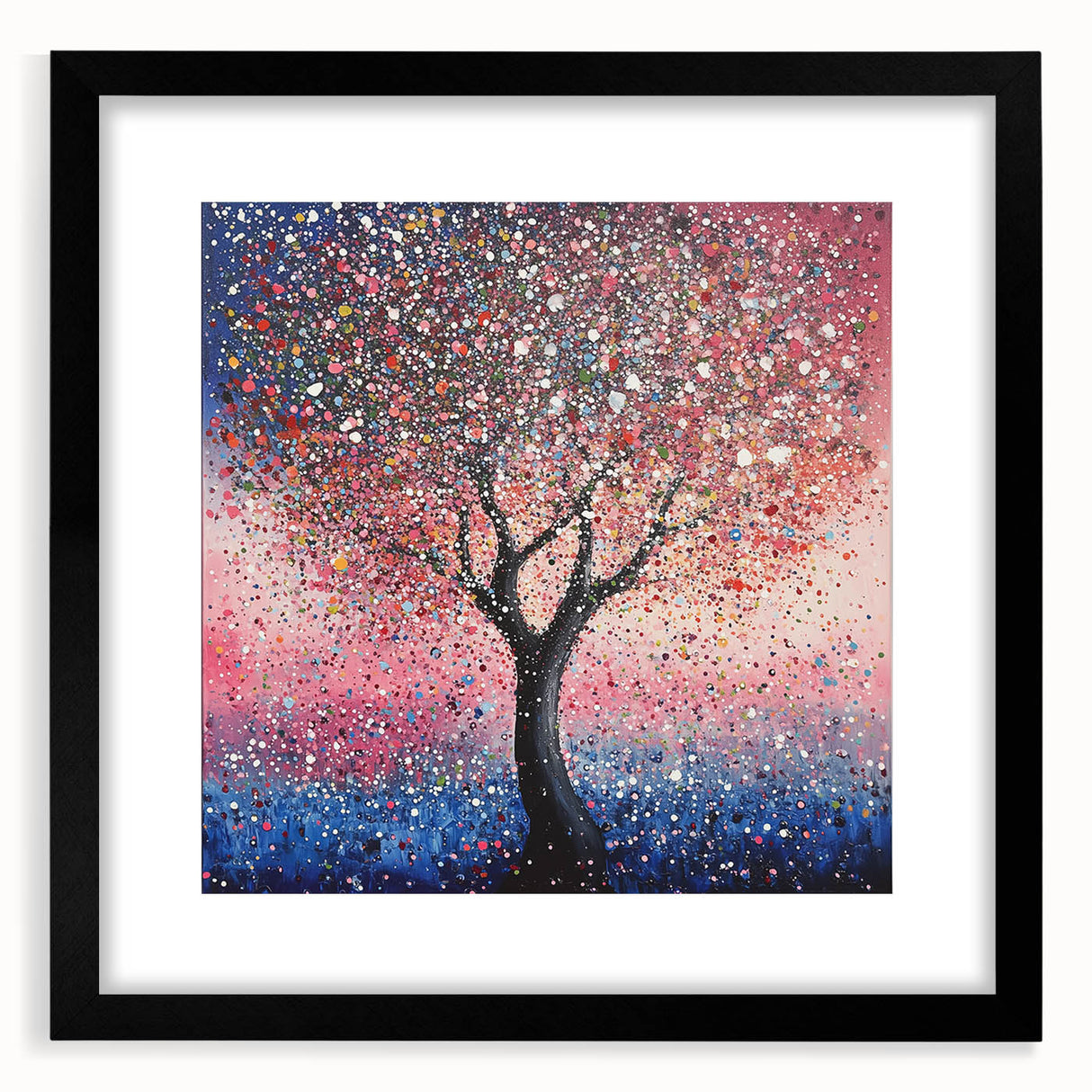 Abstract floral art print framed in black with a white mat, showcasing vibrant colors and intricate flower designs, perfect for modern home decor.