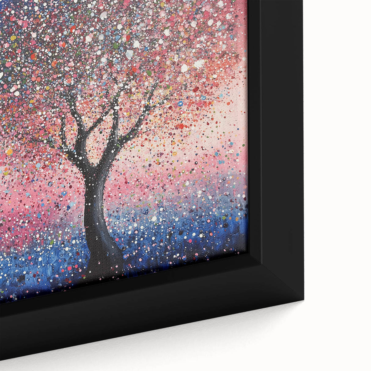 Close-up of a framed canvas showcasing vibrant abstract floral artwork with rich colors and intricate details, perfect for modern home decor enhancement.