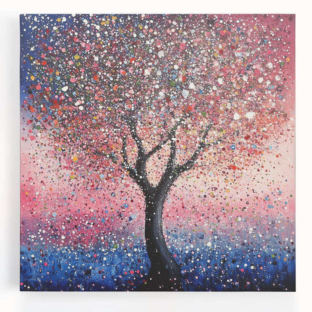 Vibrant abstract floral stretched canvas artwork showcasing bold colors and intricate patterns, perfect for modern home decor. Ideal for enhancing living spaces with a touch of elegance.