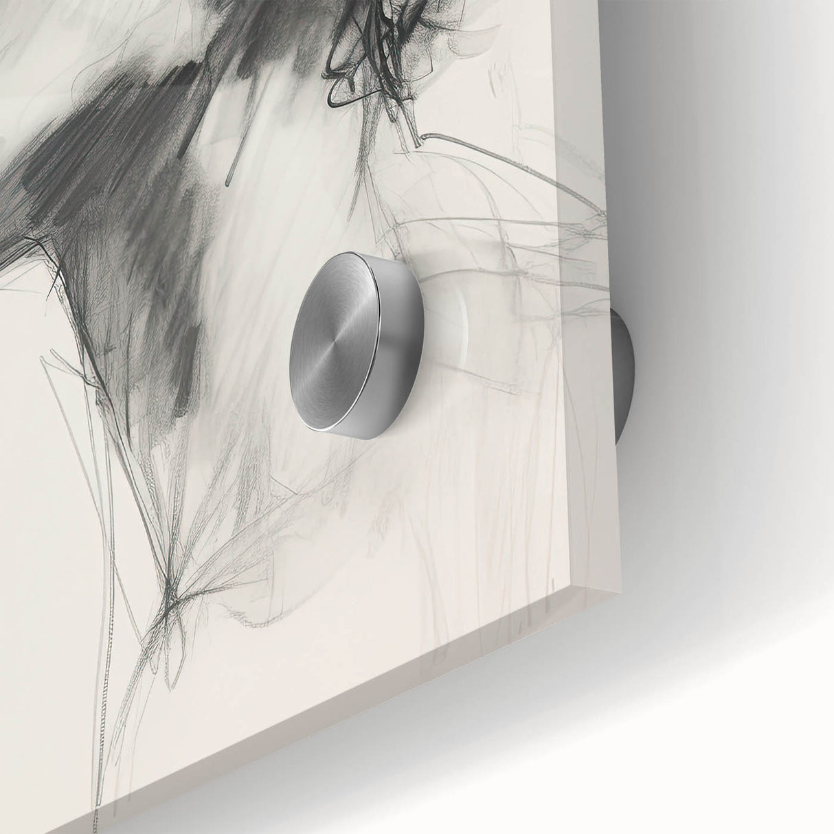 Close-up of an abstract minimalist wall art piece featuring soft pastel colors and geometric shapes, displayed on acrylic glass for a sleek modern finish.