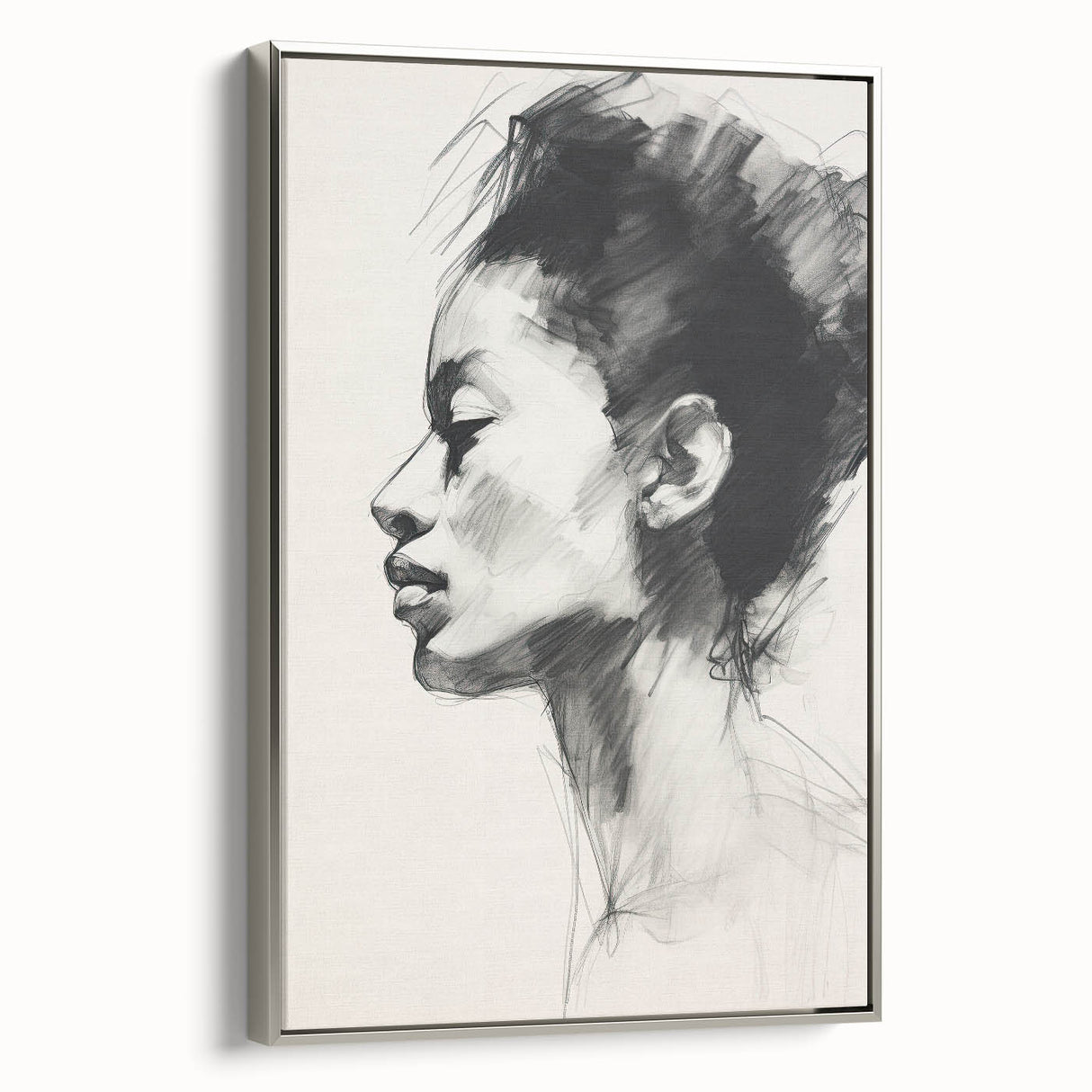 Framed minimalist wall art in silver showcasing an abstract design, viewed from the side, perfect for modern home decor and artistic interiors.