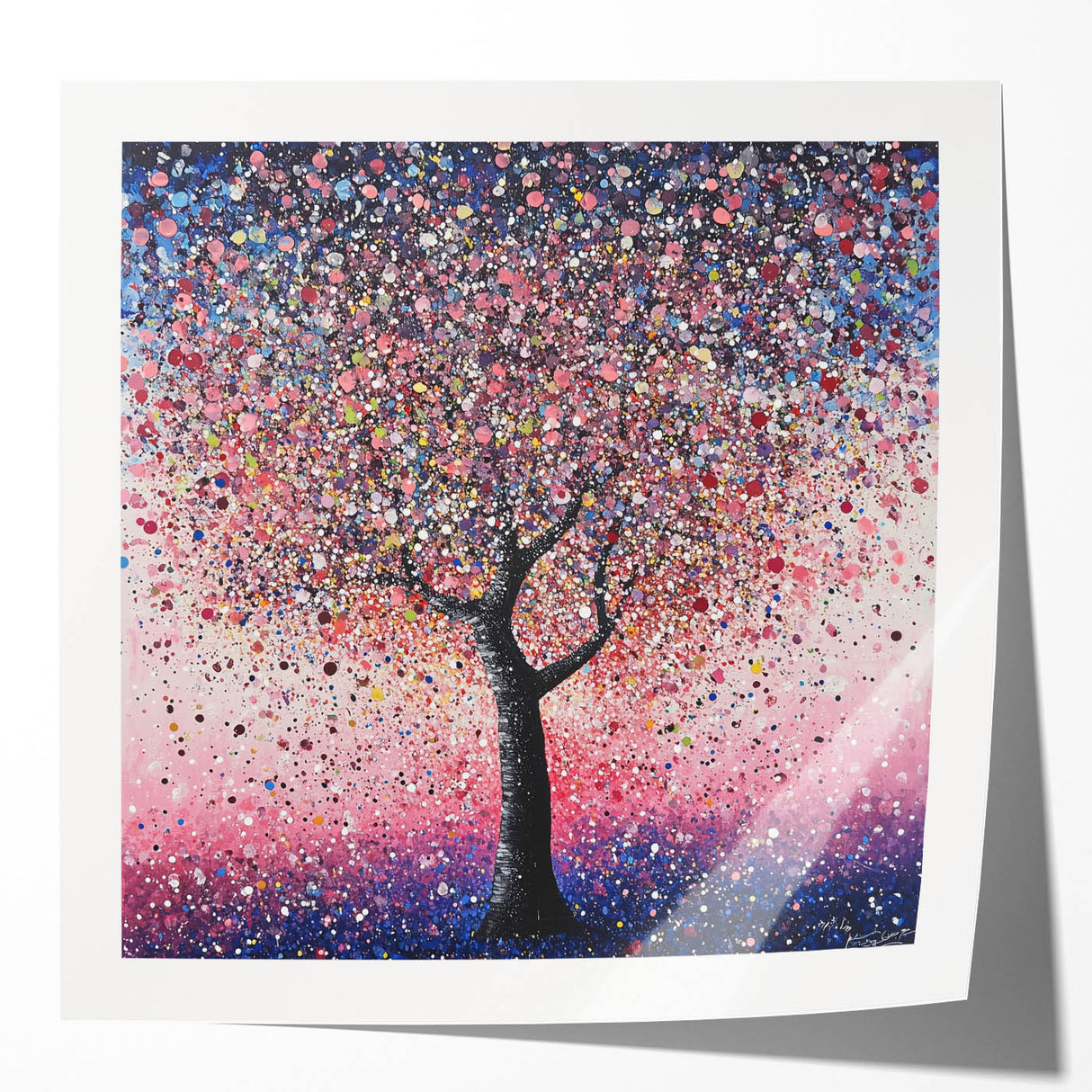 Abstract floral design printed on glossy canvas, showcasing vibrant colors of pink, blue, and green. Ideal for modern home decor and artistic displays.