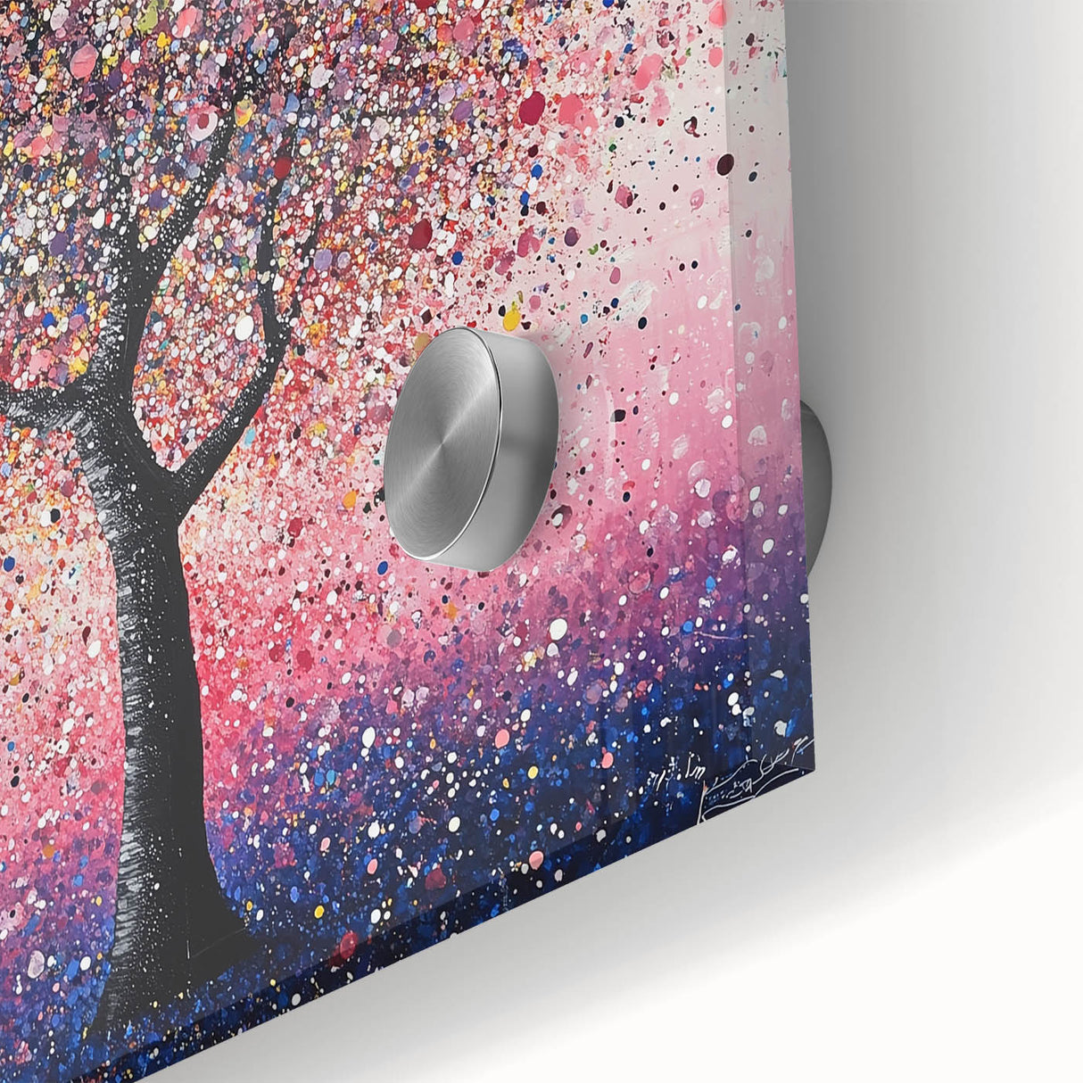 Close-up of an abstract floral acrylic glass artwork showcasing vibrant colors and intricate details, ideal for modern home decor and artistic displays.