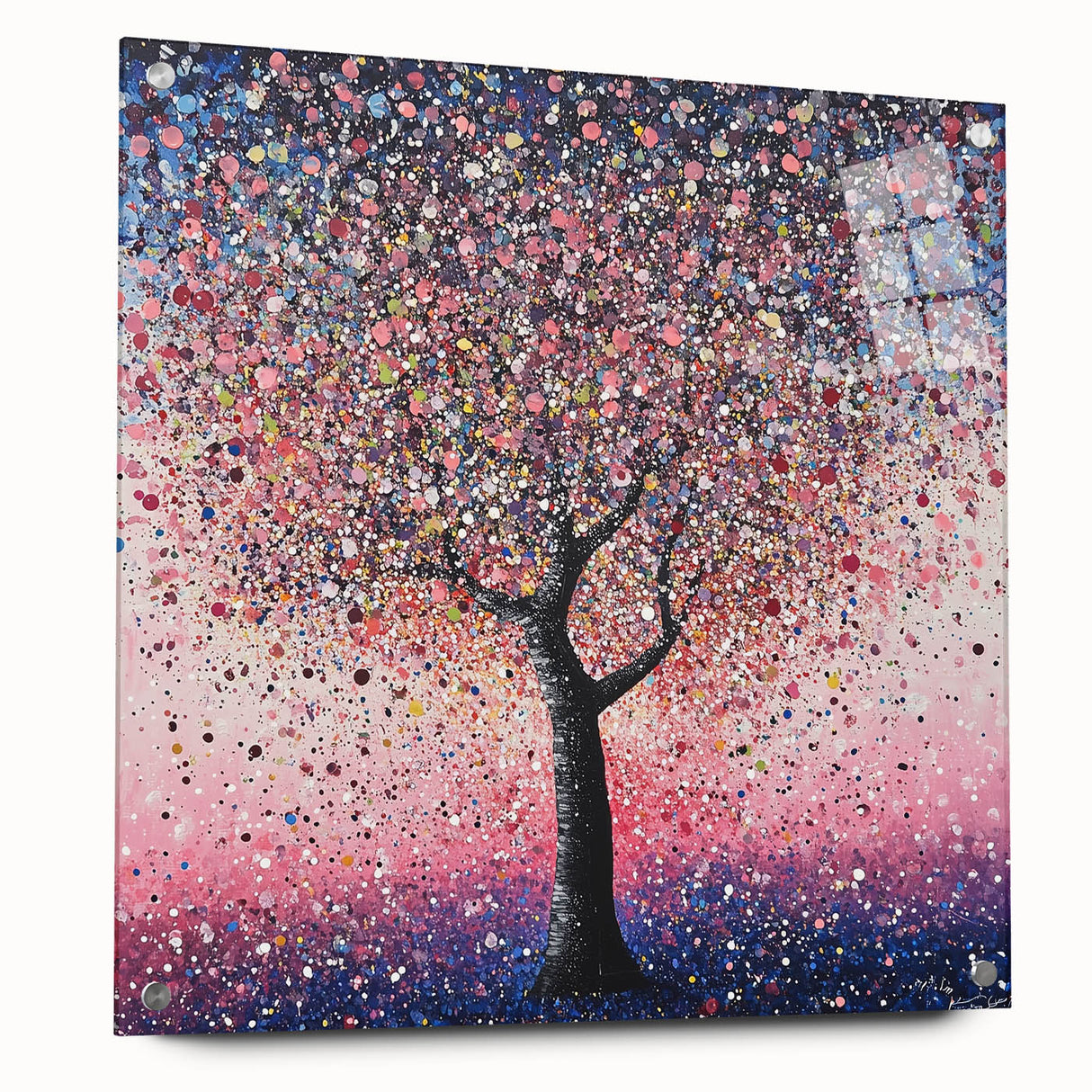 Abstract floral design on acrylic glass, showcasing vibrant colors and intricate patterns. Side view highlights the sleek edges and pin mounts for display.