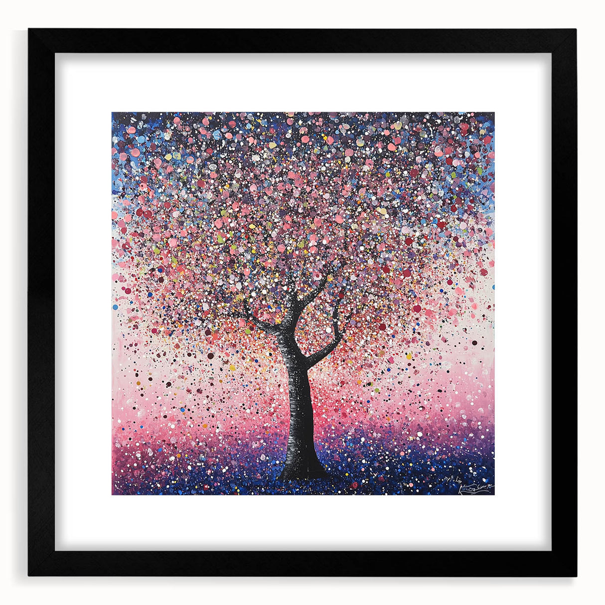 Abstract floral frame artwork with a black mat, showcasing vibrant colors and intricate designs, ideal for home decor or artistic displays. Perfect for enhancing interior aesthetics.