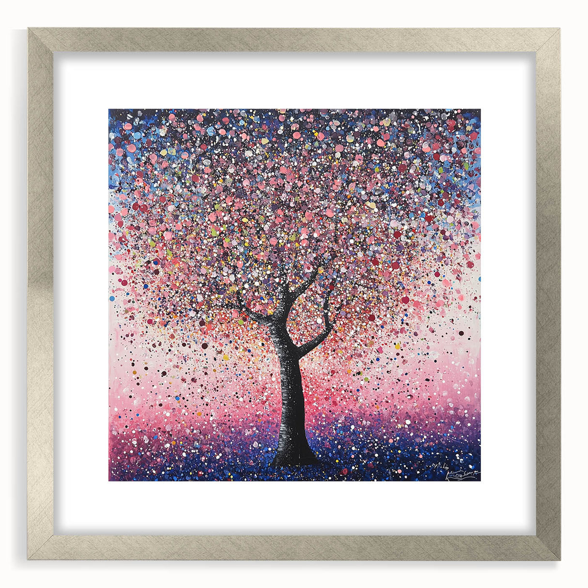 Elegant silver frame showcasing an abstract floral design with a mat, perfect for enhancing modern home decor or gallery displays. Ideal for adding a touch of sophistication and color to any room.