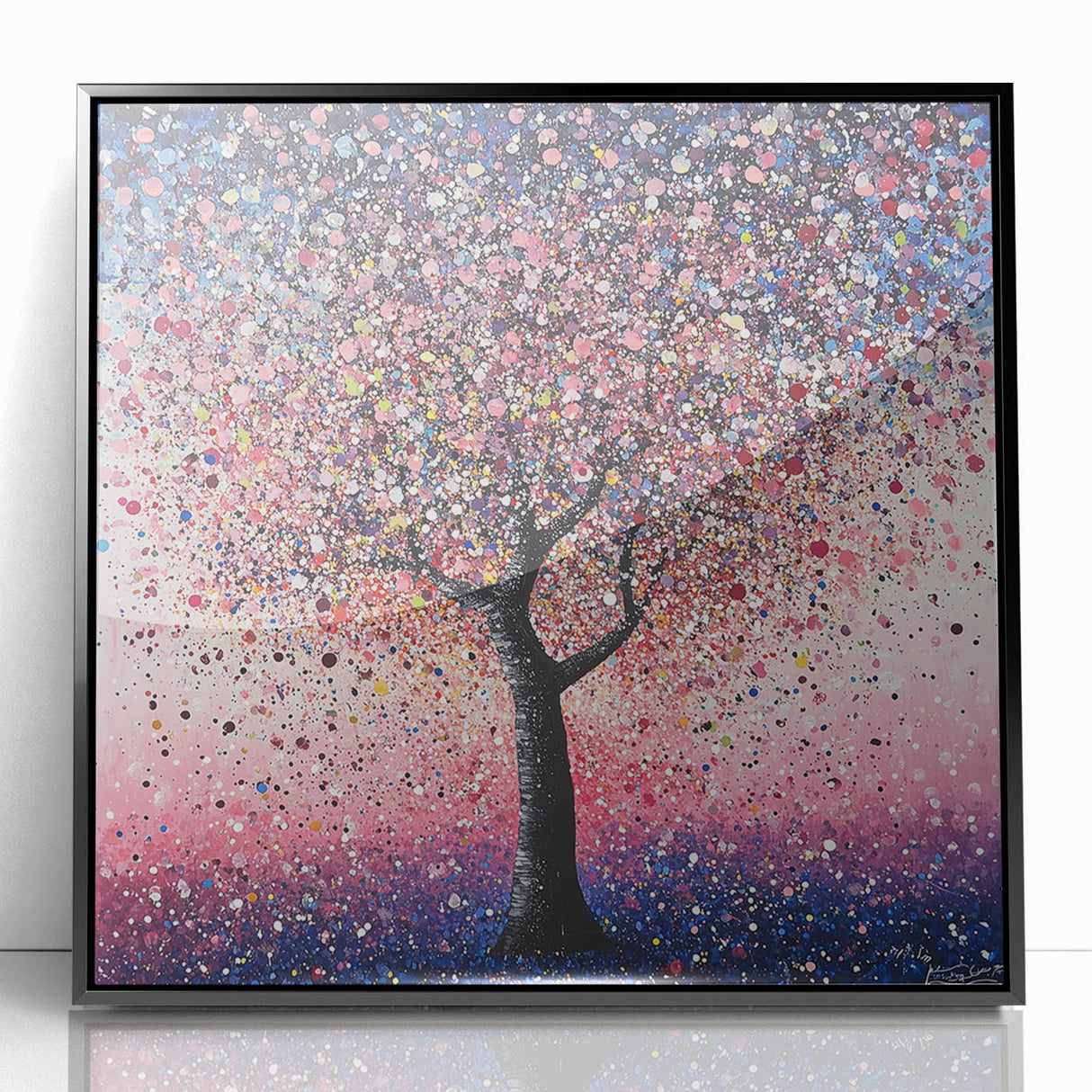 Framed abstract floral artwork in black acrylic, showcasing vibrant colors and intricate patterns, ideal for modern home decor, adding elegance to any space.