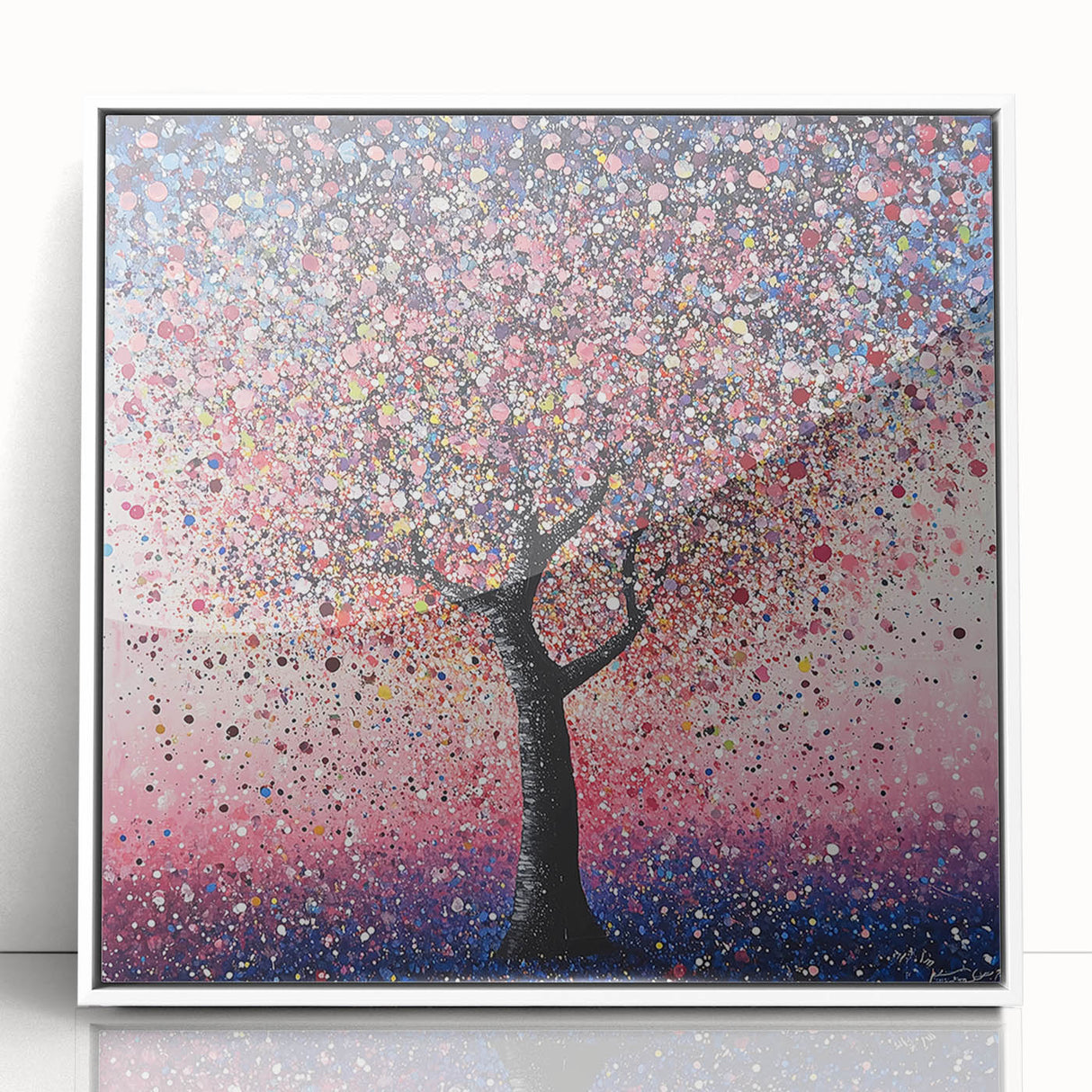 Framed acrylic artwork showcasing vibrant abstract florals in shades of pink, blue, and green, set against a sleek white background, ideal for modern decor.