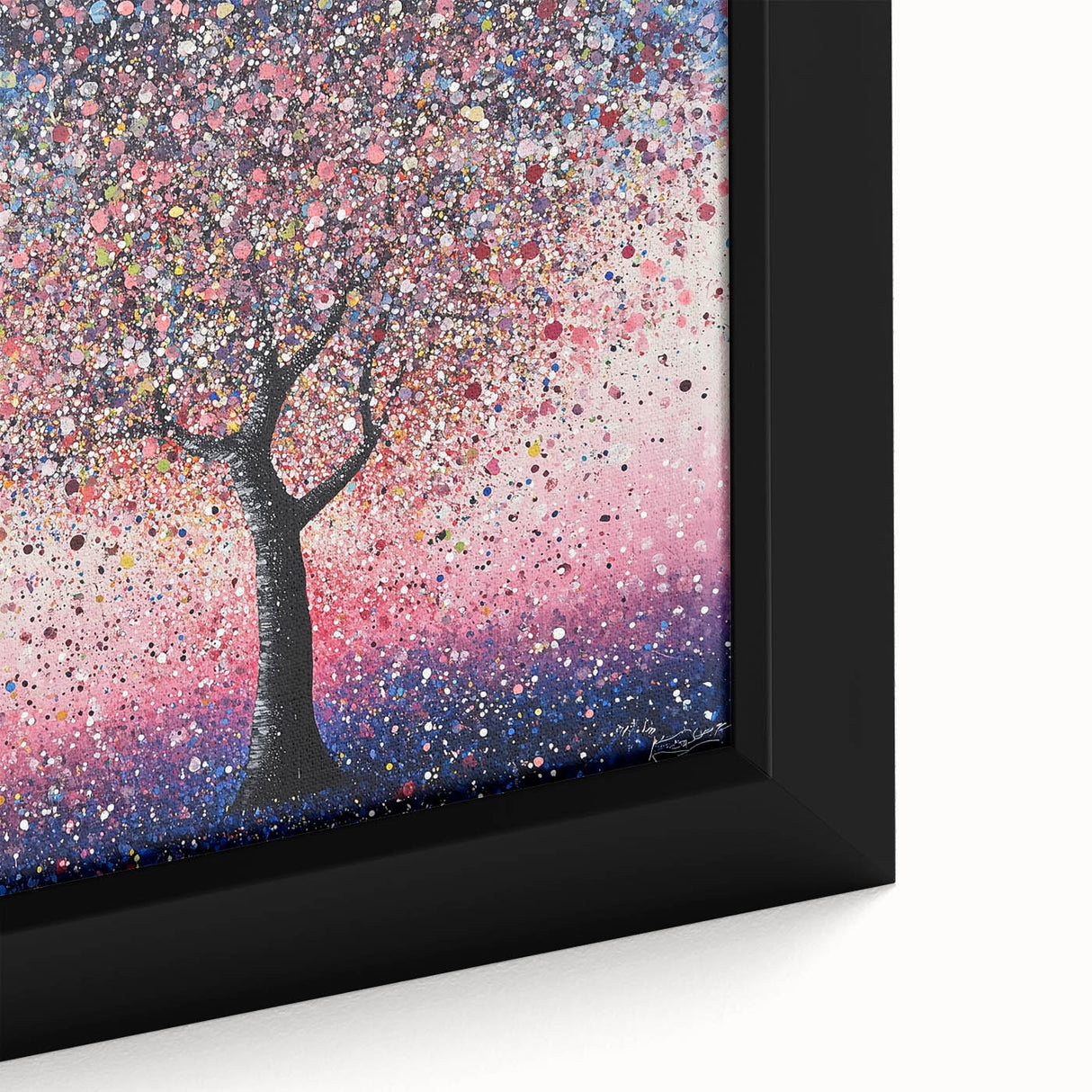 Close-up of a framed abstract floral canvas artwork showcasing vibrant colors and intricate patterns, perfect for modern home decor and enhancing interior aesthetics.