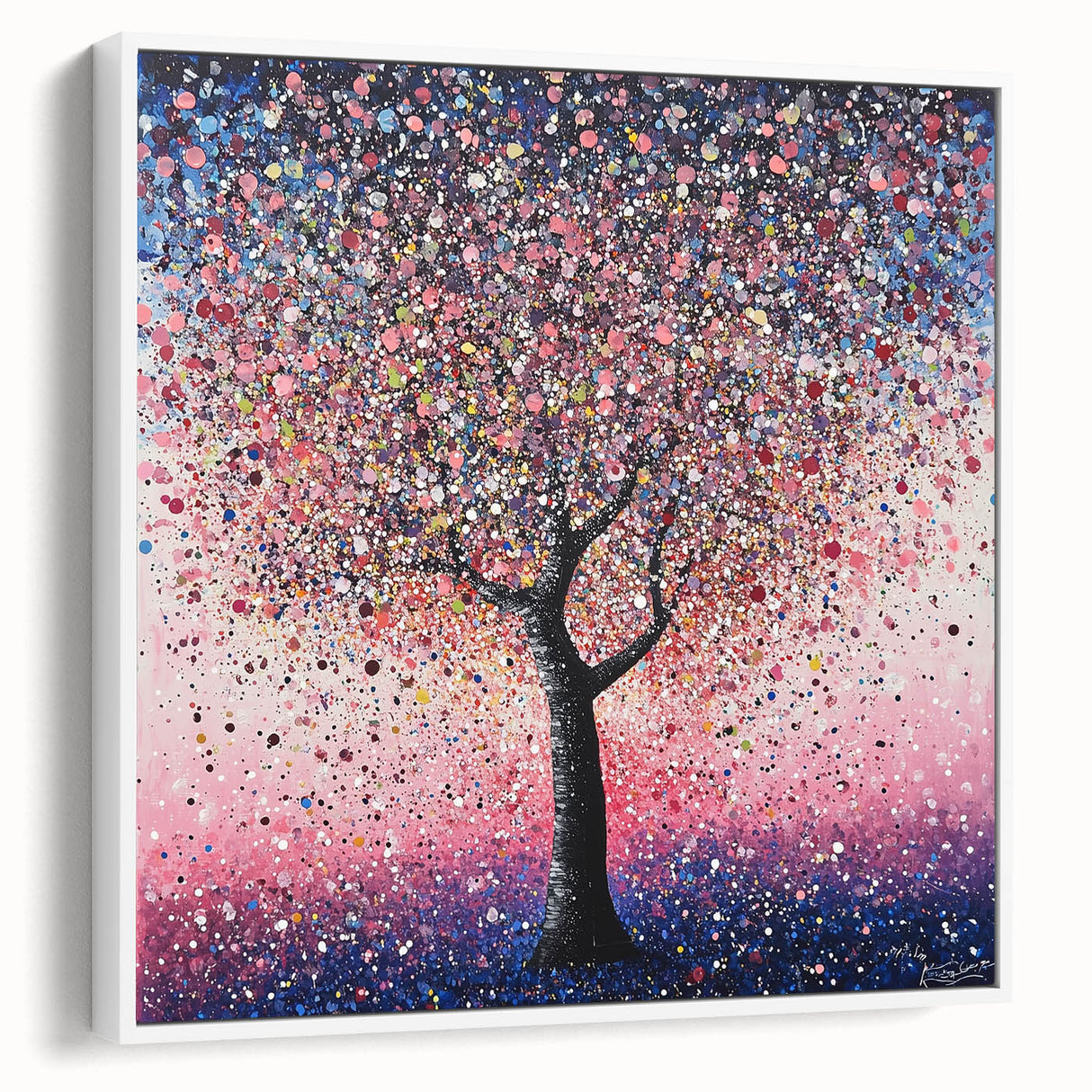 Framed canvas art showcasing abstract floral designs in vibrant colors, featuring a sleek white frame and side view for depth, perfect for modern decor.