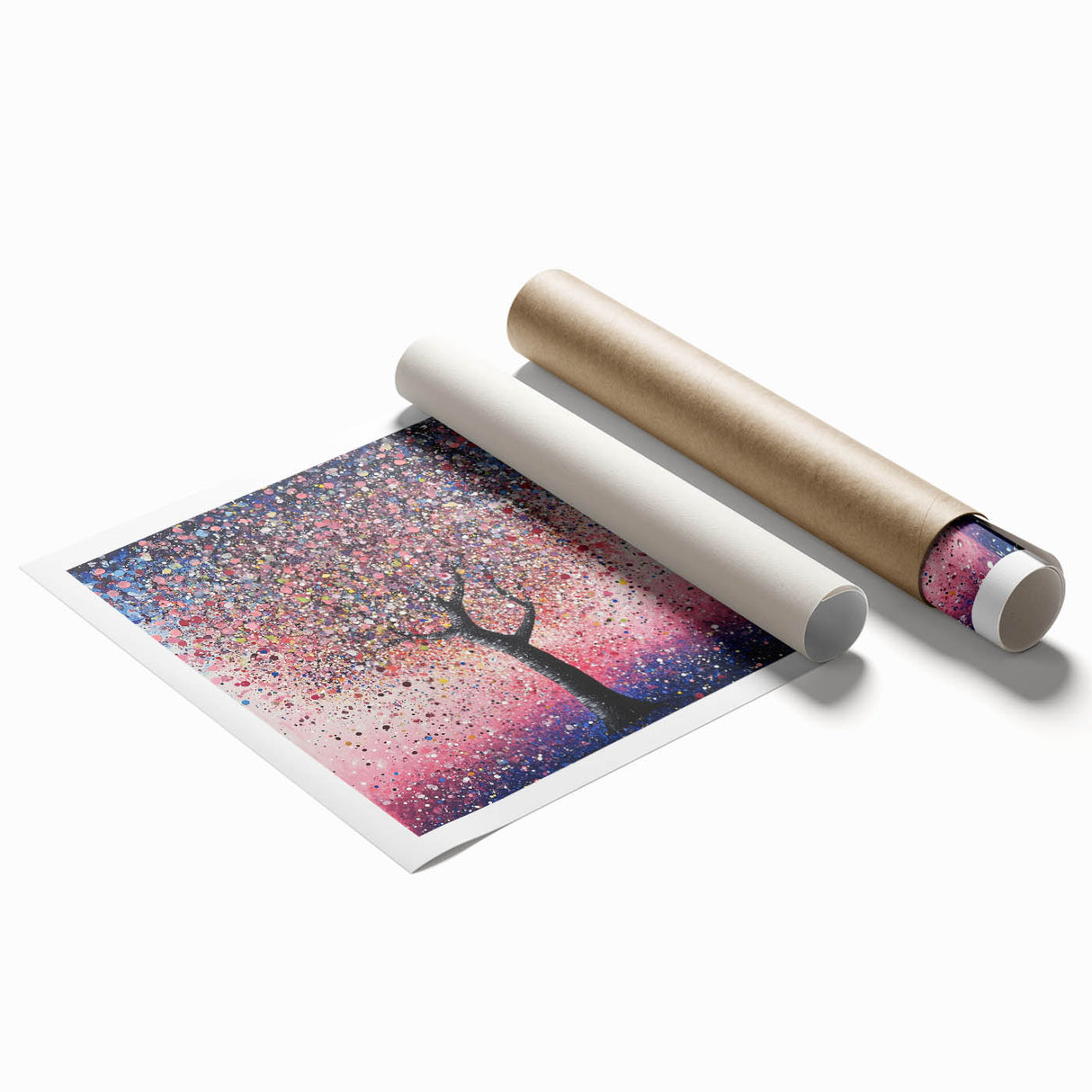 Vibrant abstract floral rolled print featuring bold colors and intricate designs, perfect for home decor. Ideal for enhancing contemporary or bohemian interiors.