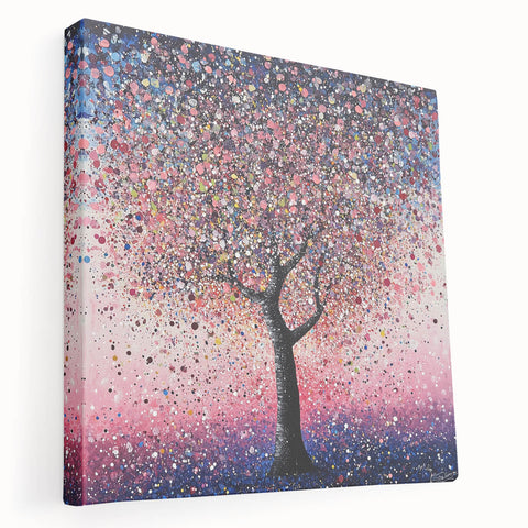 Abstract floral design on stretched canvas showcasing vibrant colors and intricate patterns, displayed in a side view for a modern home decor accent.