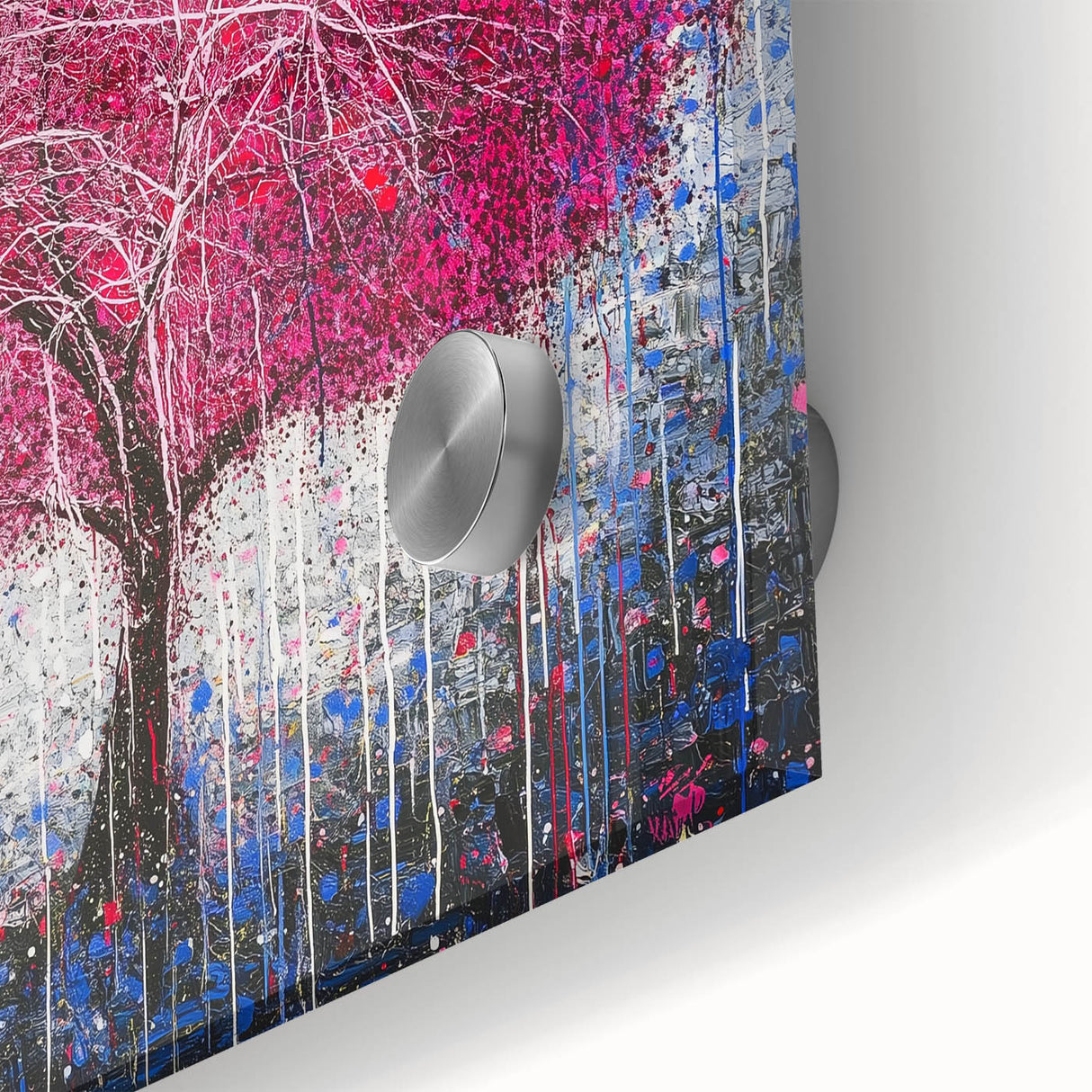 Close-up of vibrant abstract floral design on acrylic glass, showcasing intricate colors and textures, perfect for modern home decor and artistic displays.