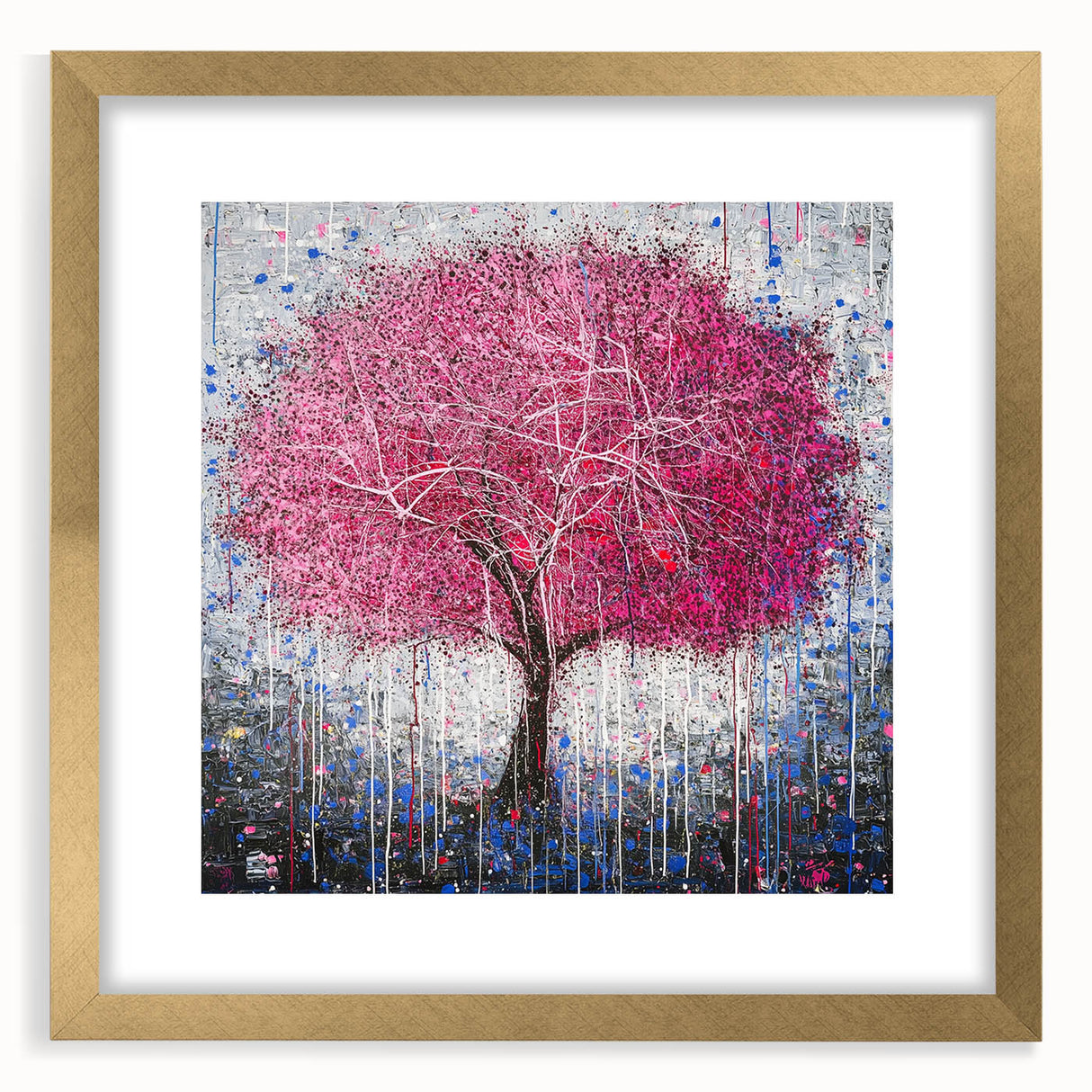 Abstract floral frame with a gold mat, showcasing vibrant colors and intricate designs, ideal for enhancing modern decor or as a stylish gift option.