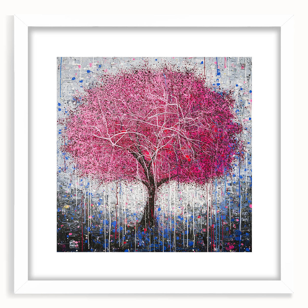 Abstract floral frame with a white mat, showcasing vibrant colors and intricate patterns, perfect for home decor or interior design projects. Ideal for adding a modern touch to any space.