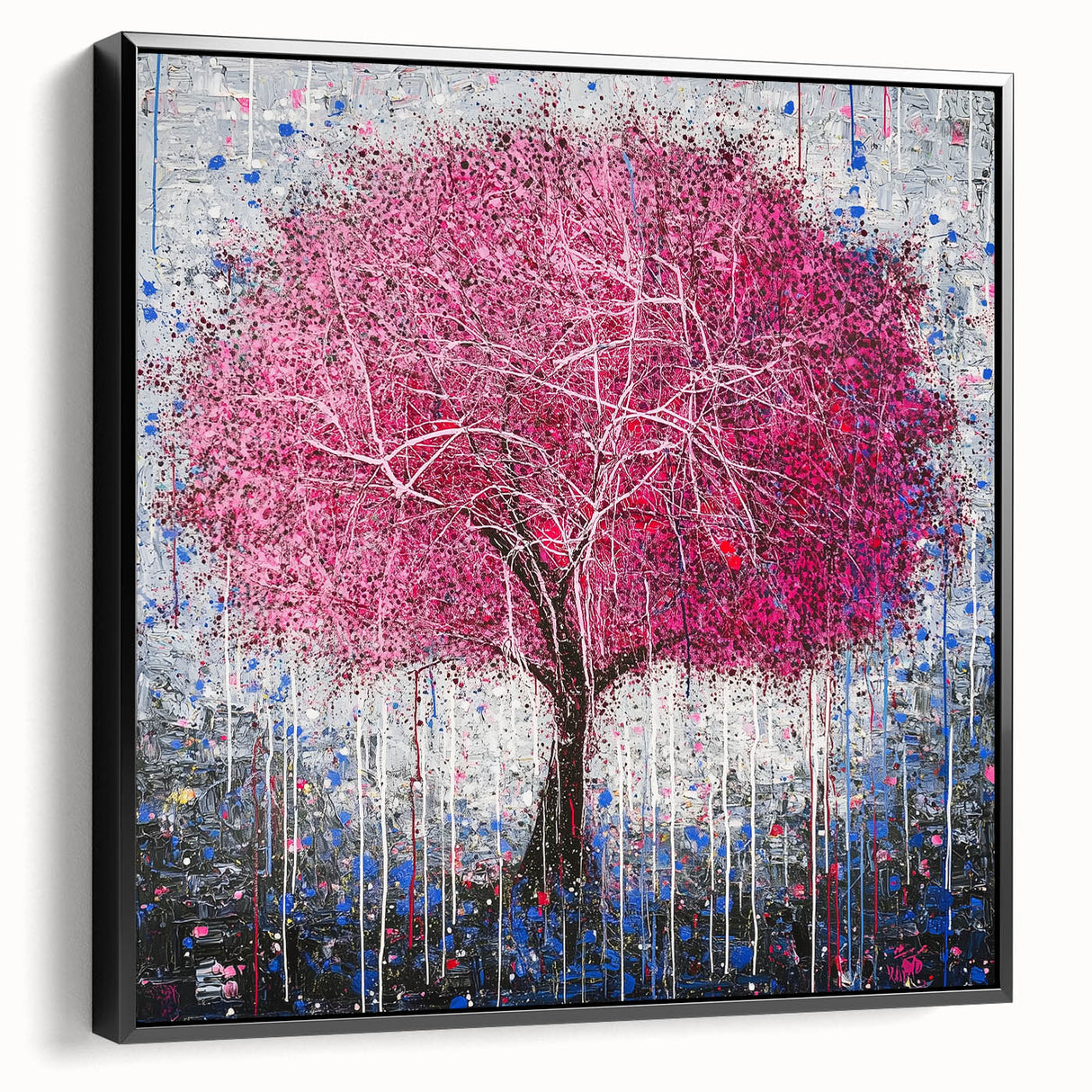 Abstract floral framed canvas artwork showcasing vibrant colors and intricate patterns, displayed from a black side view, perfect for modern home decor.