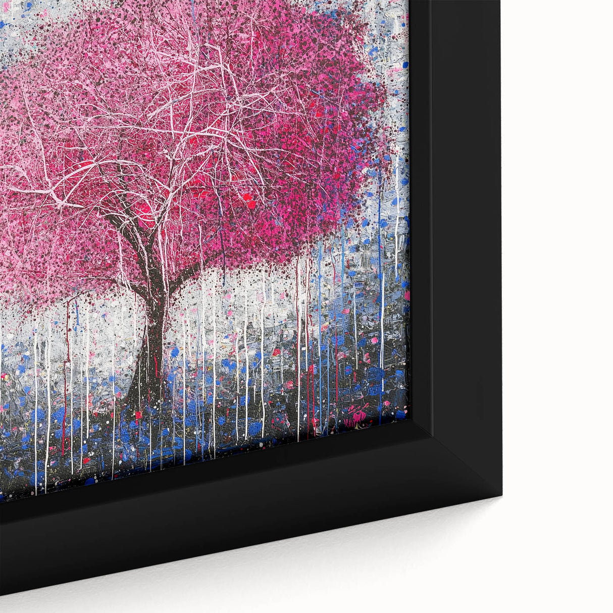 Close-up of a vibrant abstract floral framed canvas showcasing intricate brush strokes in shades of blue, pink, and green, ideal for modern home decor.