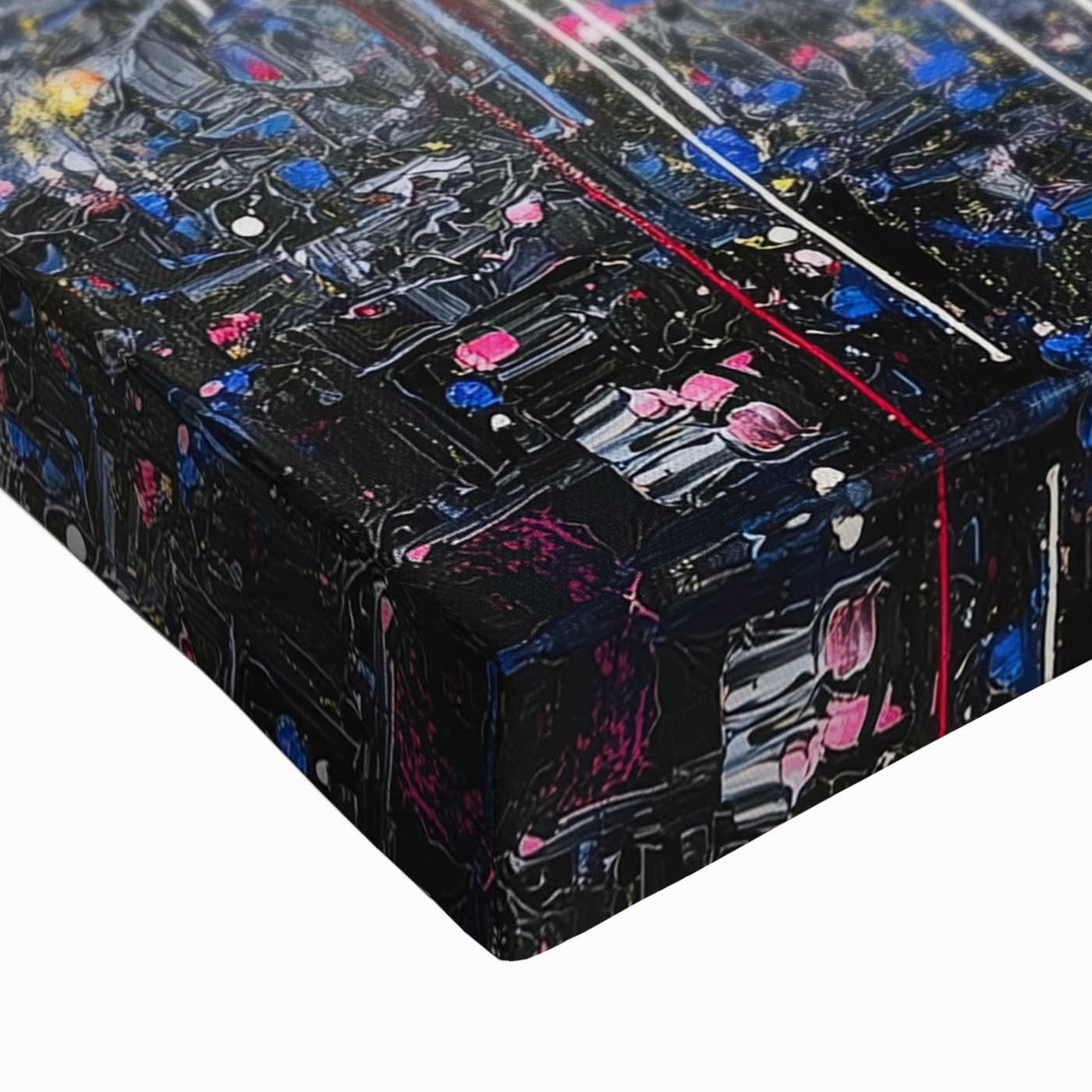 Close-up of an abstract floral stretched canvas artwork, showcasing vibrant colors and intricate details, ideal for modern home decor or artistic displays.