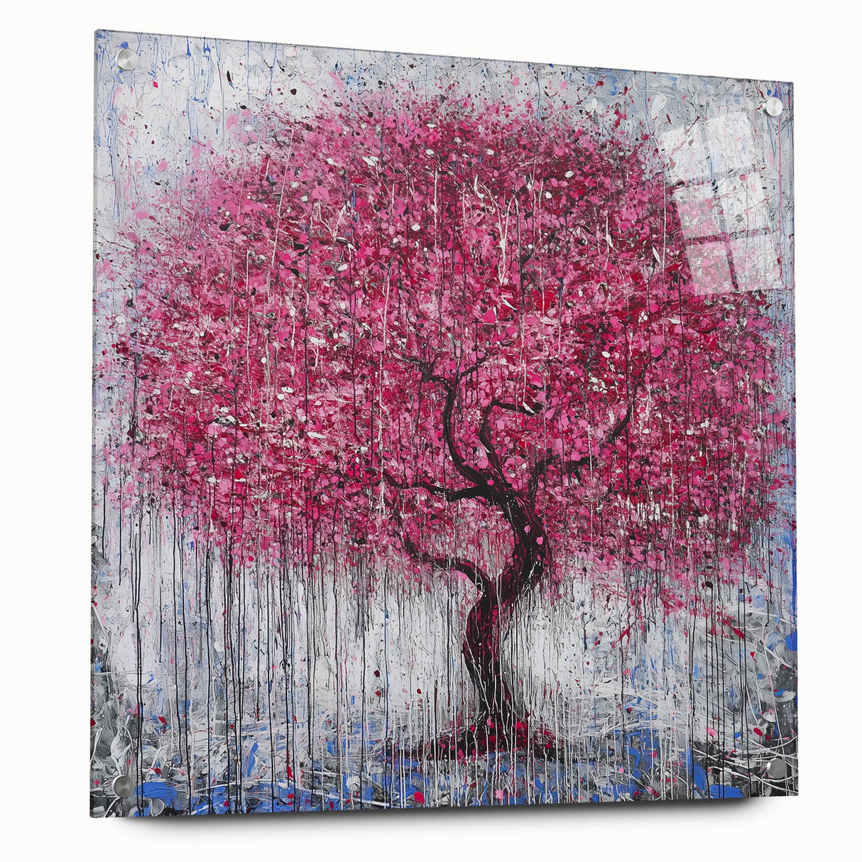 Abstract floral acrylic glass artwork displayed from the side, showcasing vibrant colors and intricate designs, affixed with decorative pins for an elegant presentation.