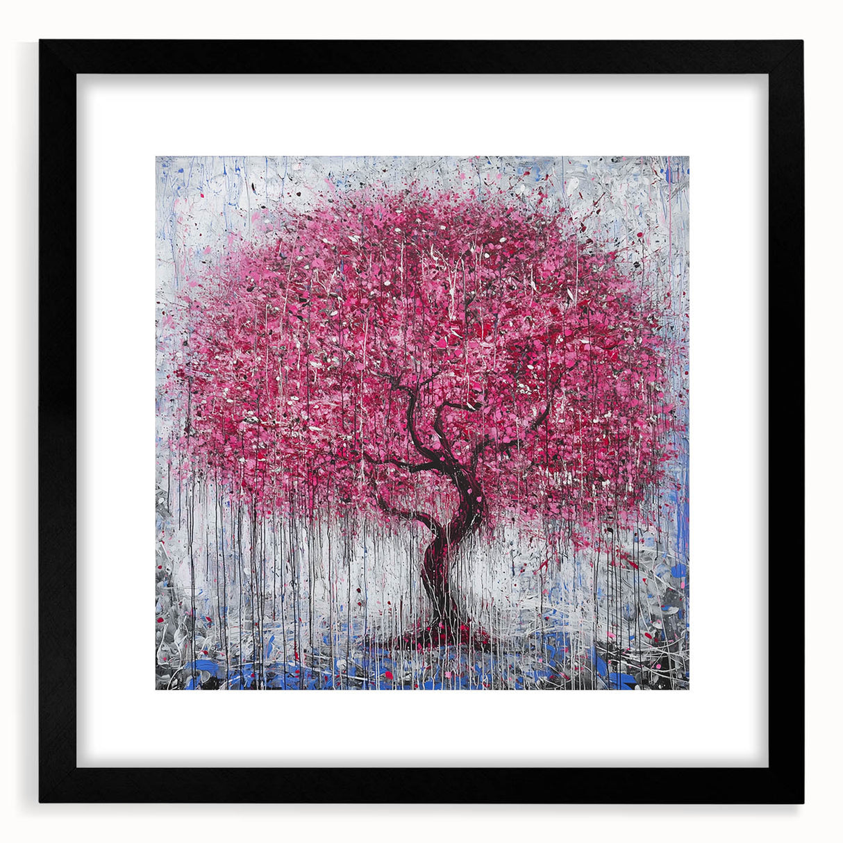 Abstract floral artwork framed in black, showcasing vibrant colors and intricate details, perfect for modern home decor or gallery displays.