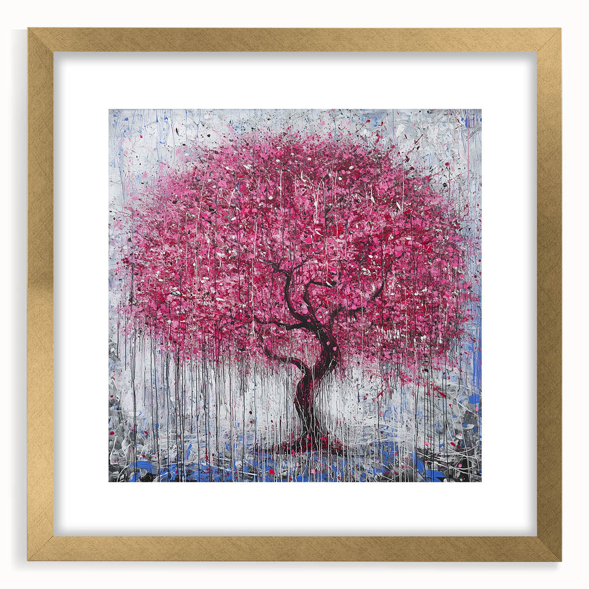 Abstract floral frame artwork in gold with a mat, showcasing intricate designs and vibrant colors, perfect for home decor or gallery display, front view.