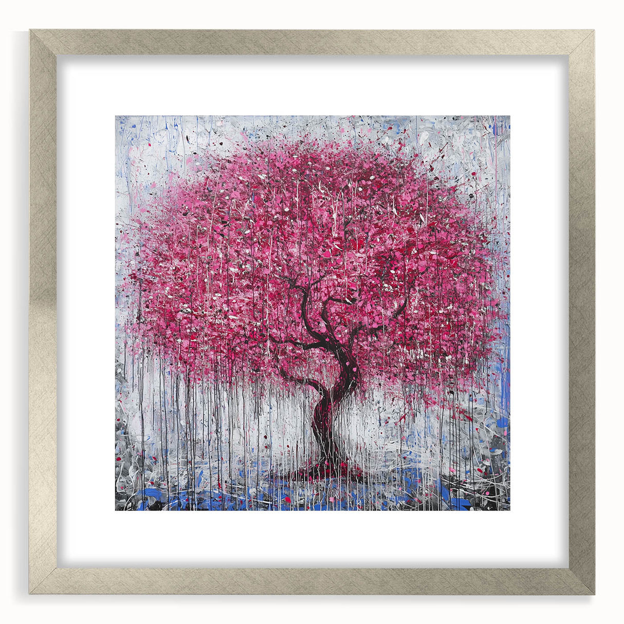 Abstract floral art print framed in silver, showcasing vibrant colors and intricate designs. Perfect for modern home decor, enhancing any living space with elegance.