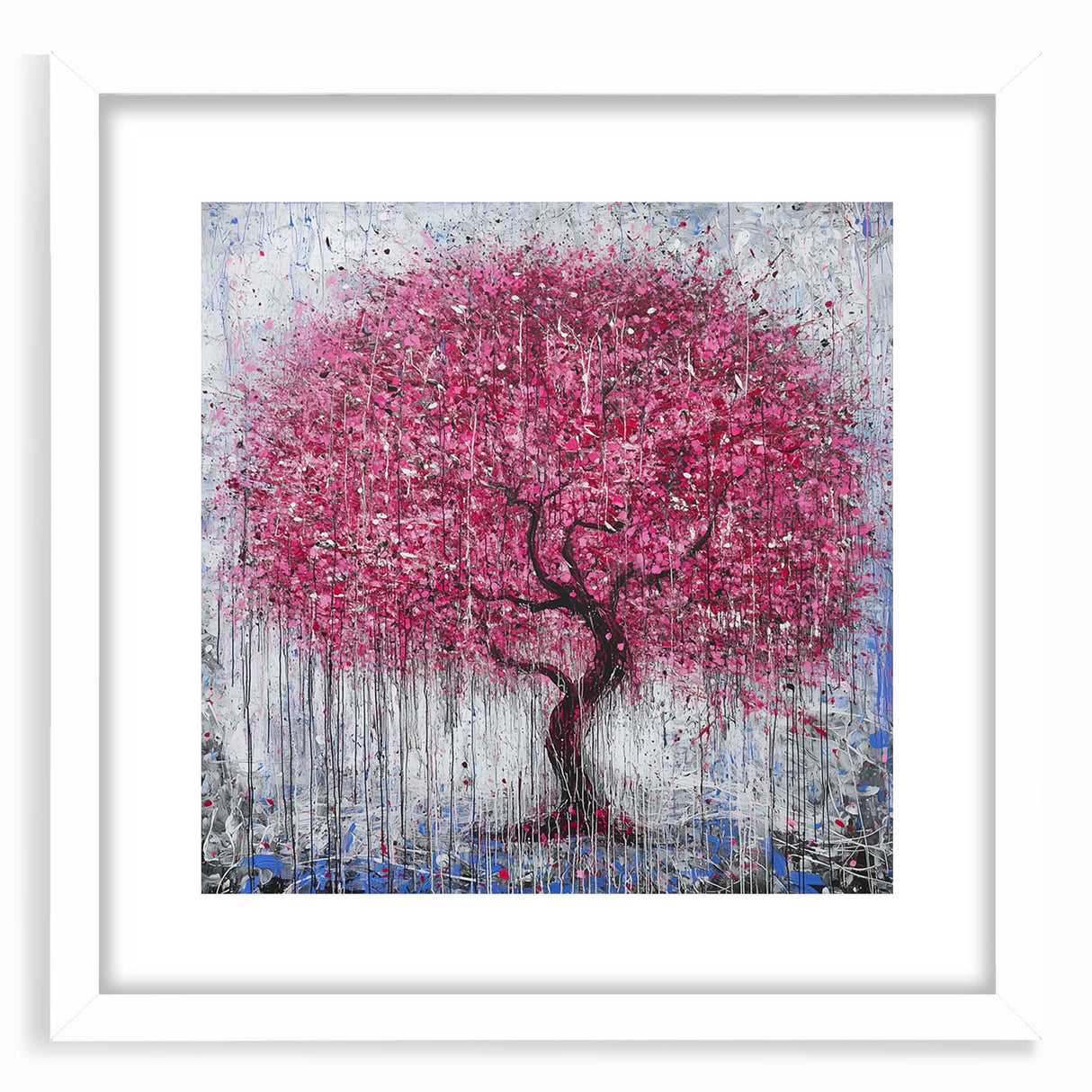 Abstract floral design framed in white matting, showcasing vibrant colors and intricate patterns, ideal for modern home decor and art enthusiasts.