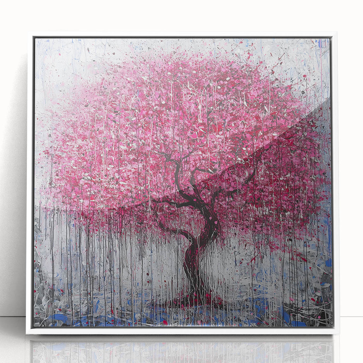 Framed acrylic artwork showcasing vibrant abstract floral designs with a white border, perfect for modern home decor. Ideal for adding color and elegance to any room.