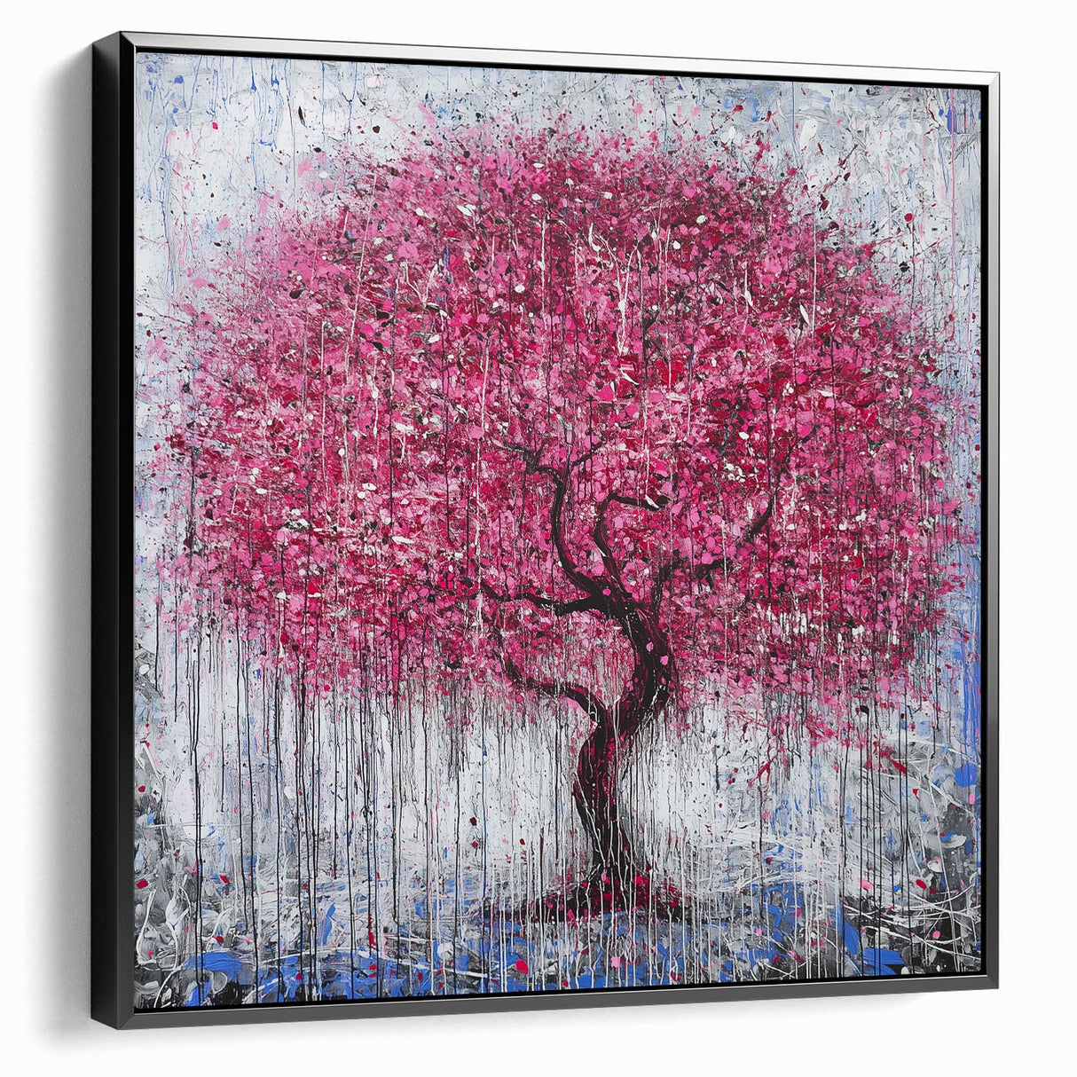 Framed abstract floral canvas art displaying vibrant colors and intricate designs, showcased in a sleek black frame, ideal for modern home decor.