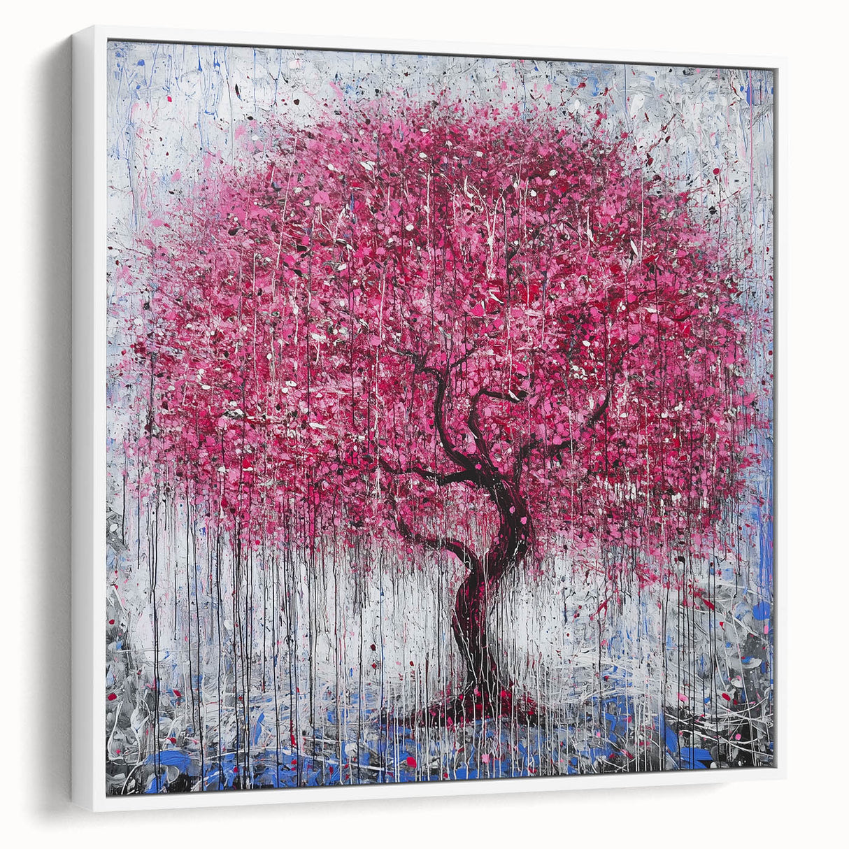 Abstract floral artwork displayed in a sleek white frame, showcasing vibrant colors and intricate designs, ideal for modern home decor. Perfect for adding elegance to any room.