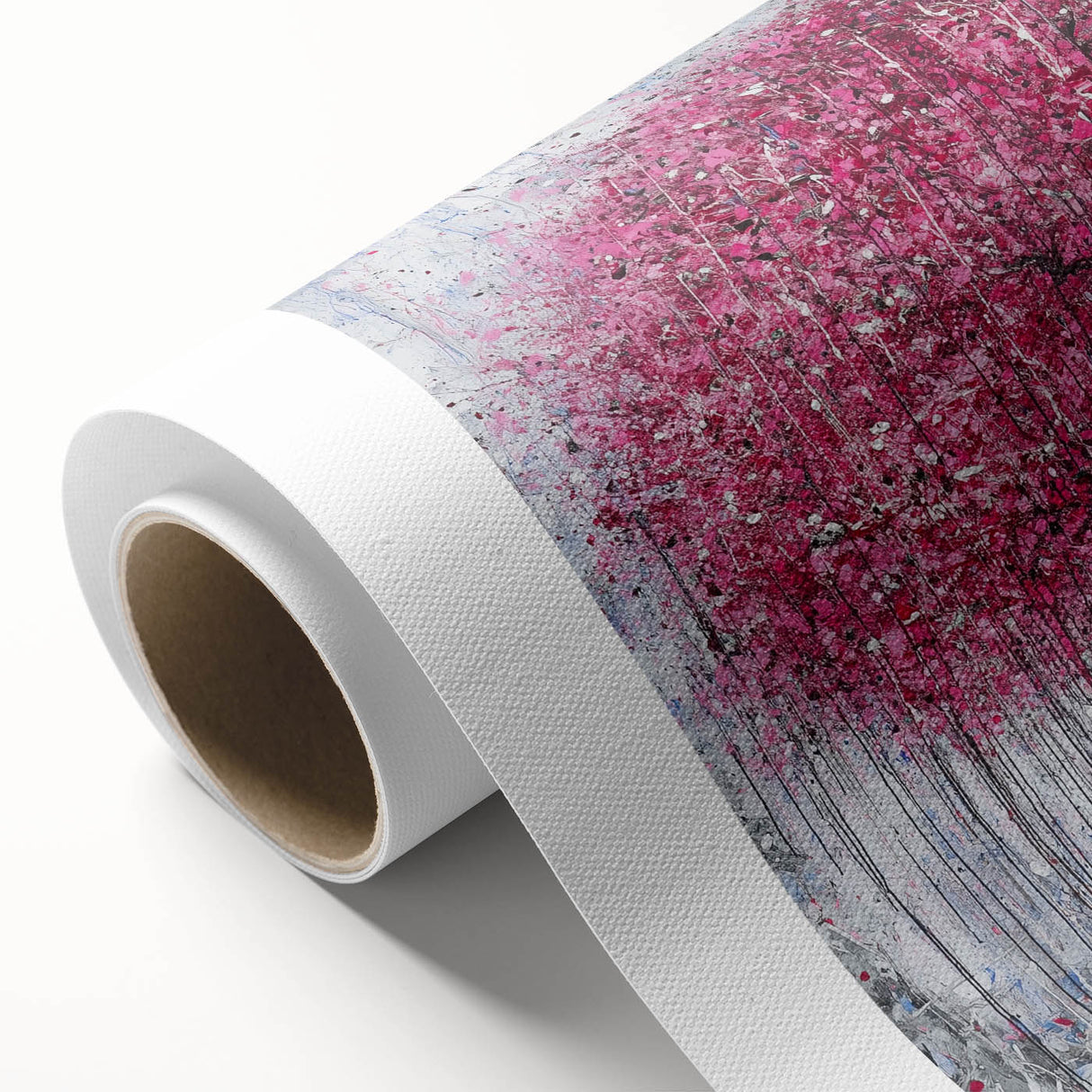 Abstract floral art print on rolled canvas, showcasing vibrant colors and intricate designs. Perfect for modern home decor, enhancing any space with a touch of elegance.