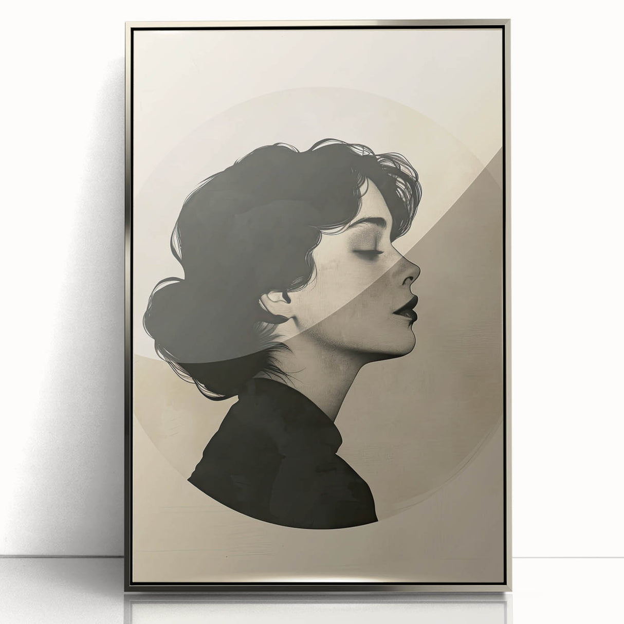 Framed abstract minimalist wall art in silver acrylic, showcasing geometric shapes and soft color gradients, perfect for modern home decor. Ideal for enhancing contemporary living spaces.