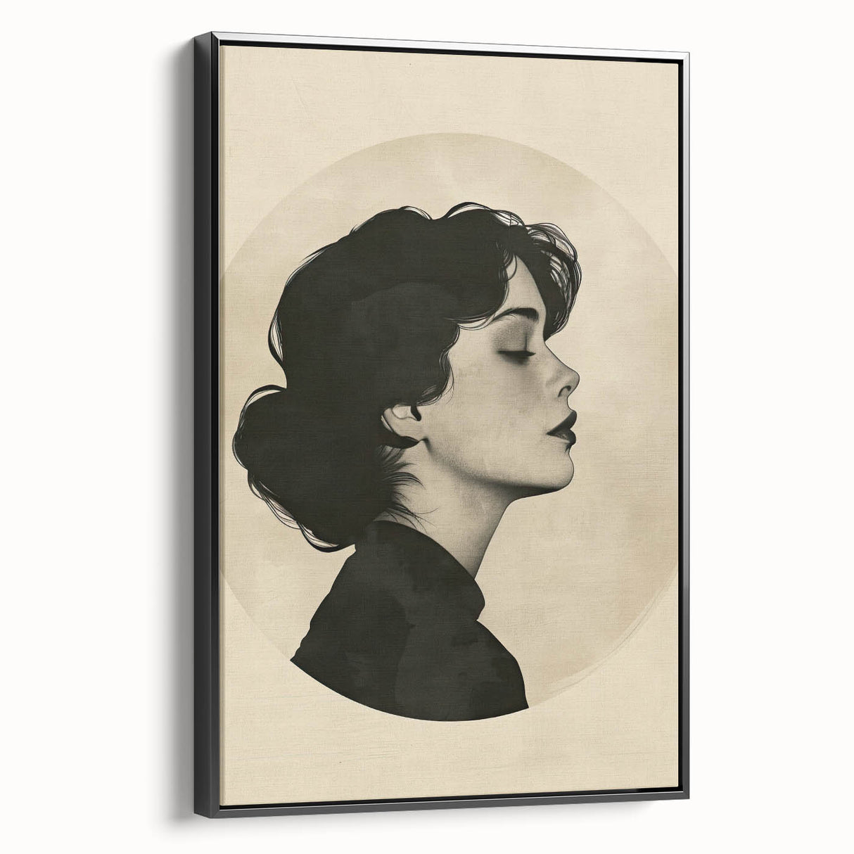 Framed abstract minimalist wall art canvas in black, showcasing a sleek side view. Ideal for modern decor, enhancing any room's aesthetic with simplicity and elegance.