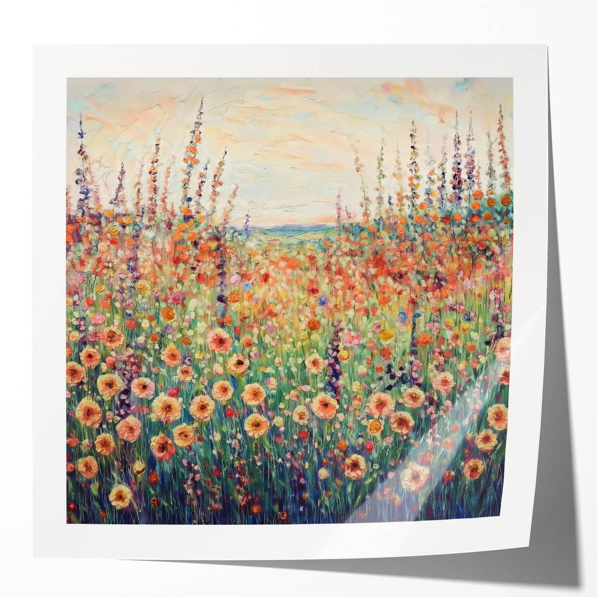 Glossy photo print mockup showcasing vibrant abstract floral designs in bold colors, ideal for modern home decor or art marketing. Perfect for showcasing artwork.