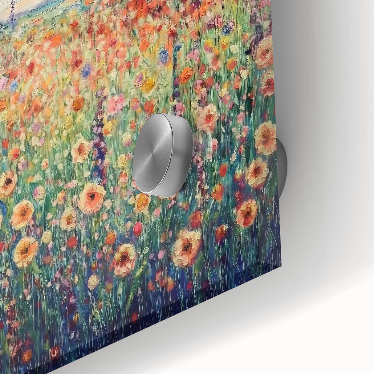 Close-up view of an abstract floral design on acrylic glass, showcasing vibrant colors and intricate details, perfect for modern home decor and art enthusiasts.