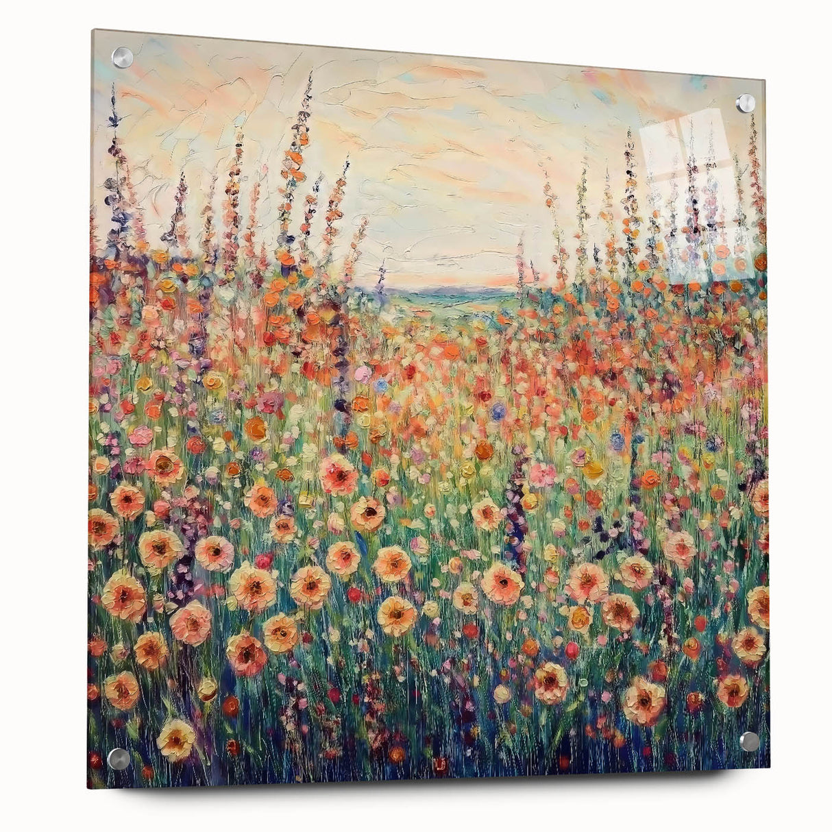 Abstract floral acrylic artwork displayed in a glass frame, showcasing vibrant colors and intricate details, ideal for modern home decor. The piece features a side view with decorative pins highlighting its design.