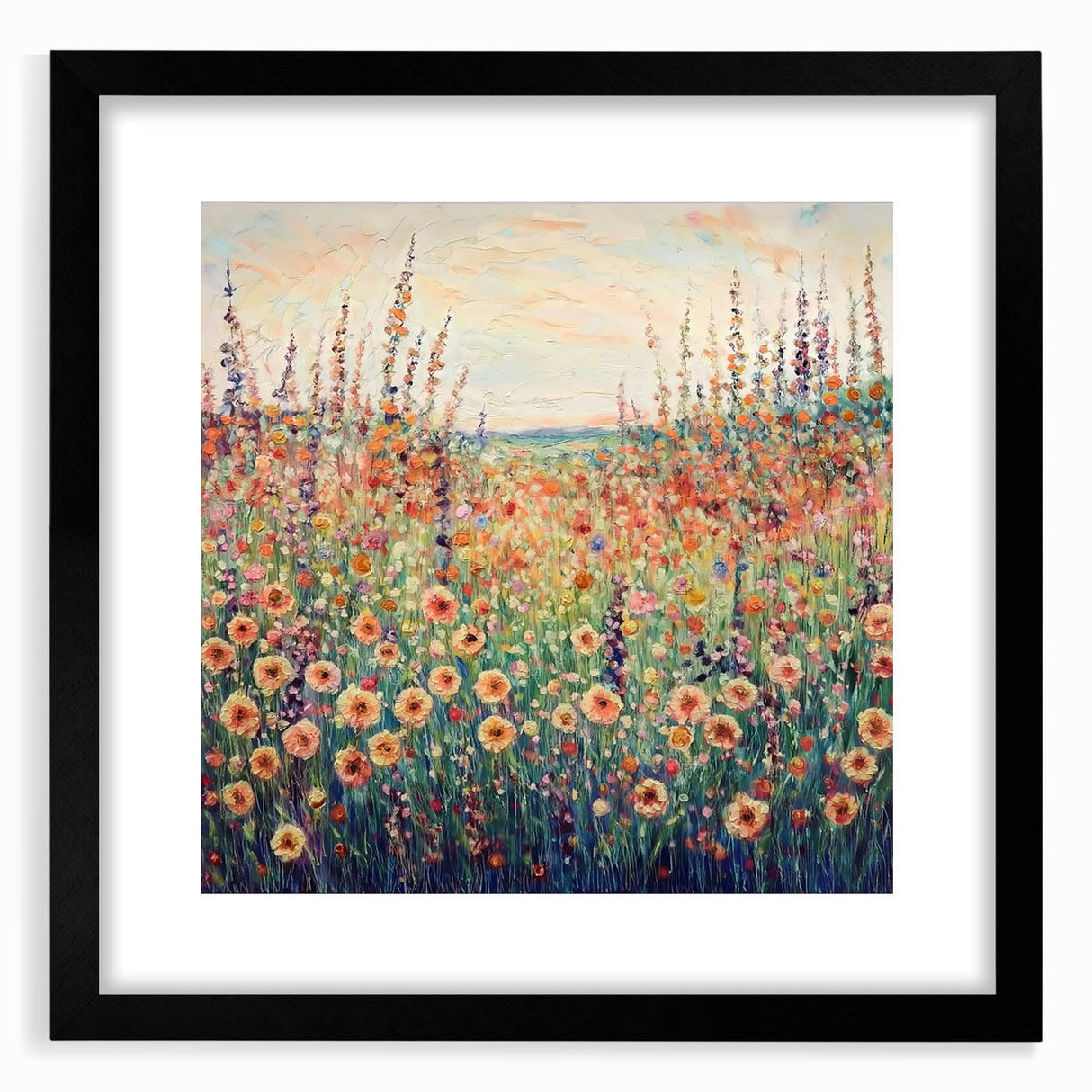 Abstract floral frame artwork featuring vibrant colors with a sleek black matte finish, ideal for modern home decor. Perfect for adding a touch of elegance to any room.