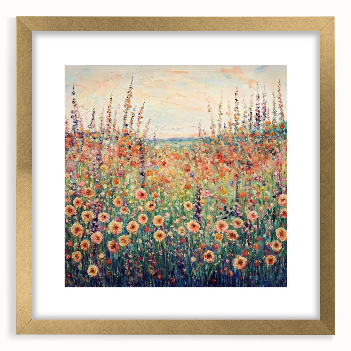 Elegant gold-framed abstract floral artwork with a mat, showcasing vibrant colors and intricate patterns, perfect for enhancing modern home decor.