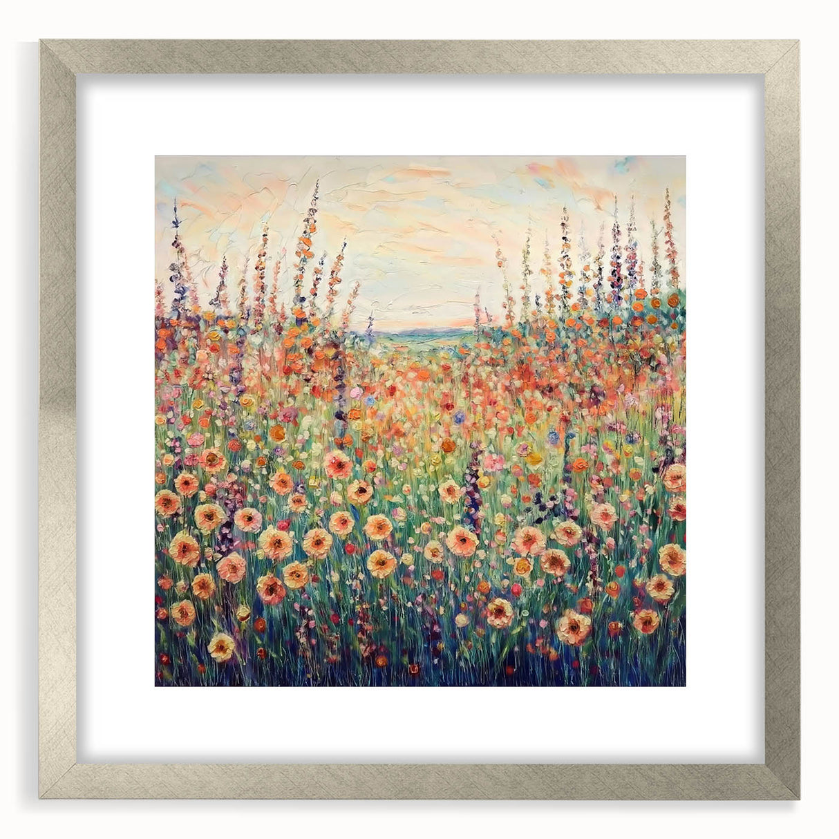 Abstract floral artwork framed in a silver mat, showcasing a vibrant design with intricate details and soft colors, ideal for modern home decor.