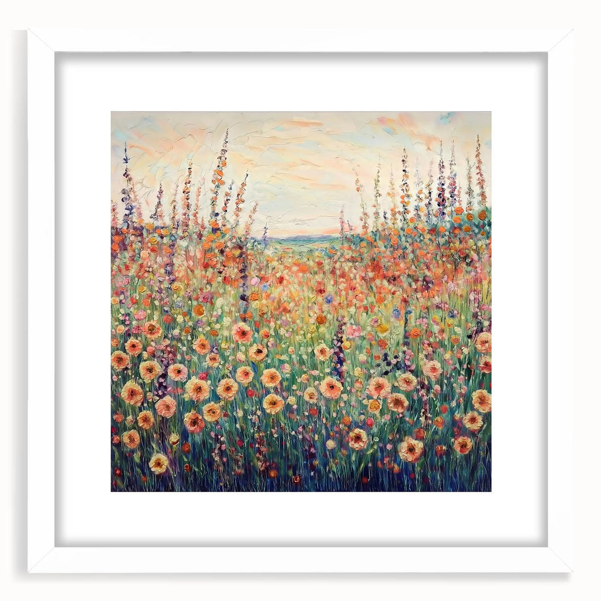 Abstract floral artwork framed with a white mat, showcasing vibrant colors and intricate designs, ideal for enhancing modern home decor.