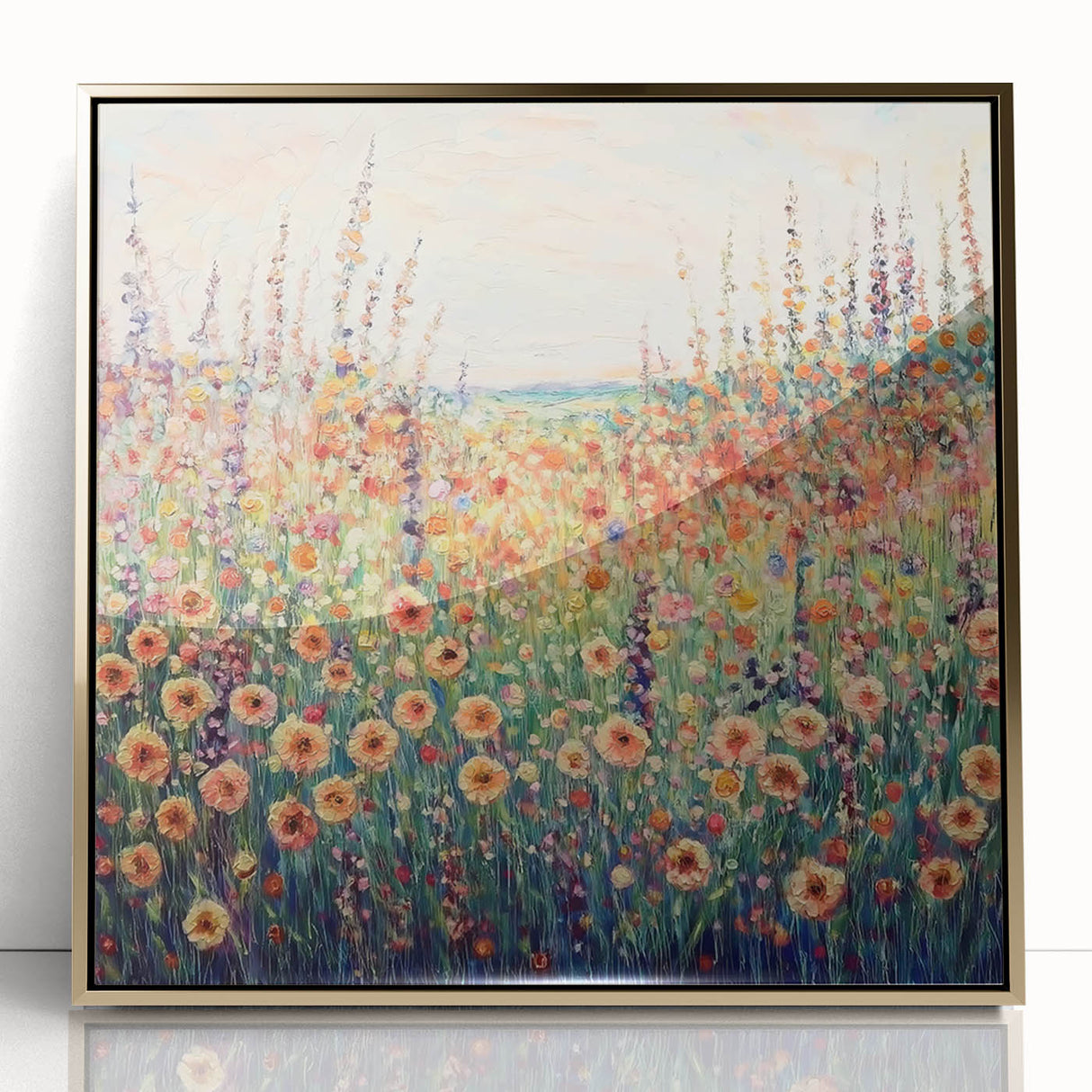 Framed acrylic artwork showcasing an abstract floral design in vibrant colors with gold accents, elegantly displayed to enhance any modern decor.