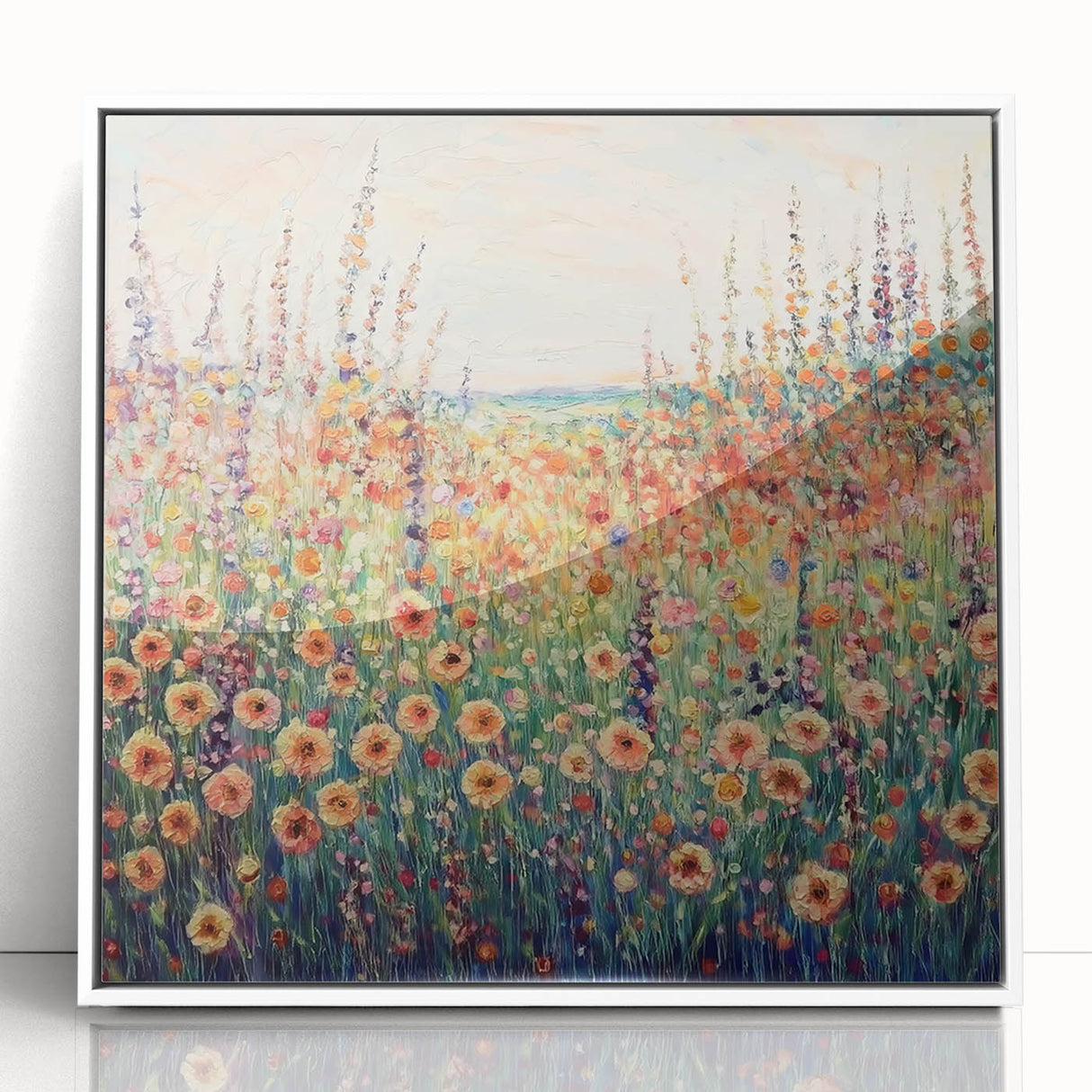 Framed acrylic artwork showcasing vibrant abstract floral designs in shades of pink, blue, and green, set against a sleek white background, enhancing modern decor.