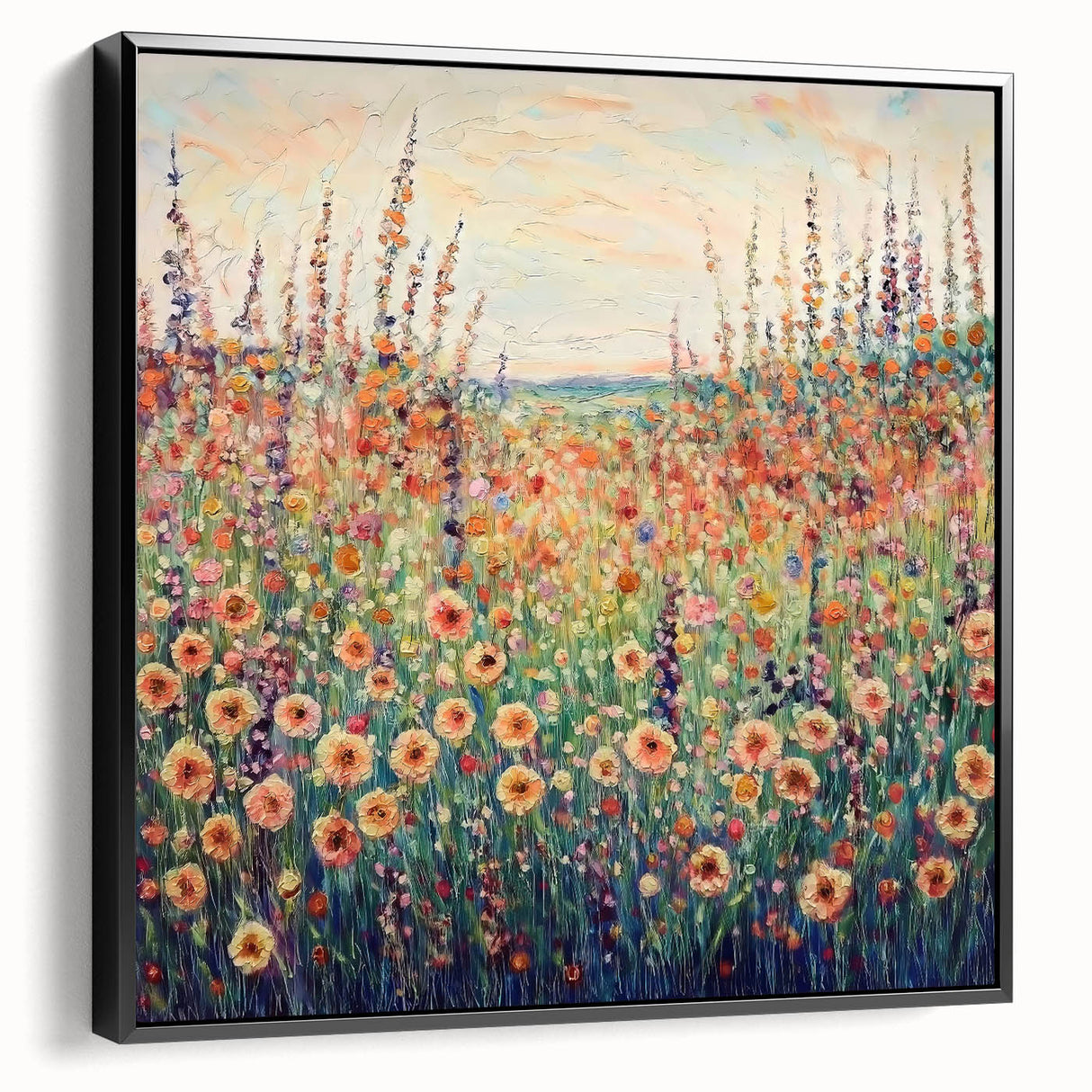 Framed canvas artwork showcasing an abstract floral design with vibrant colors on a black background, captured from a side view, perfect for modern home decor.