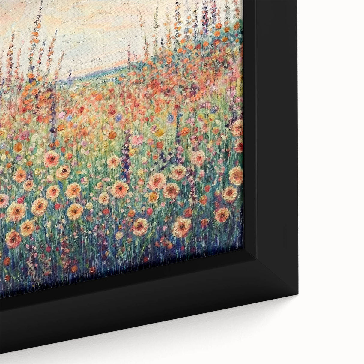 Close-up of an abstract floral design on a framed canvas, showcasing vibrant colors and intricate details, perfect for modern home decor or art enthusiasts.