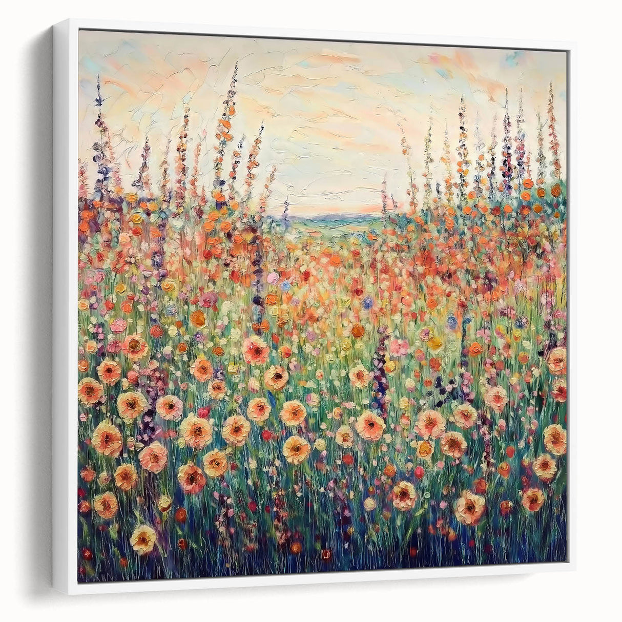 Framed canvas artwork showcasing an abstract floral design in vibrant colors, displayed in a white frame, perfect for modern home decor. Ideal for adding elegance to living spaces.