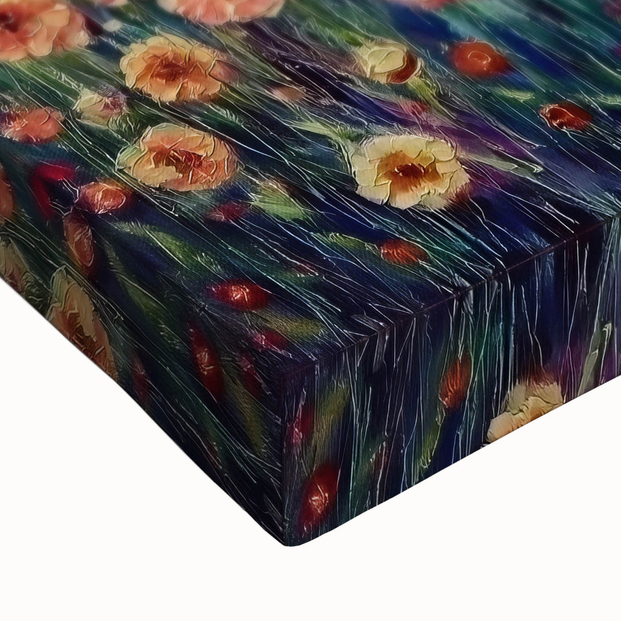 Vibrant close-up of an abstract floral stretched canvas artwork, showcasing intricate brush strokes in shades of blue, pink, and gold, ideal for modern home decor.