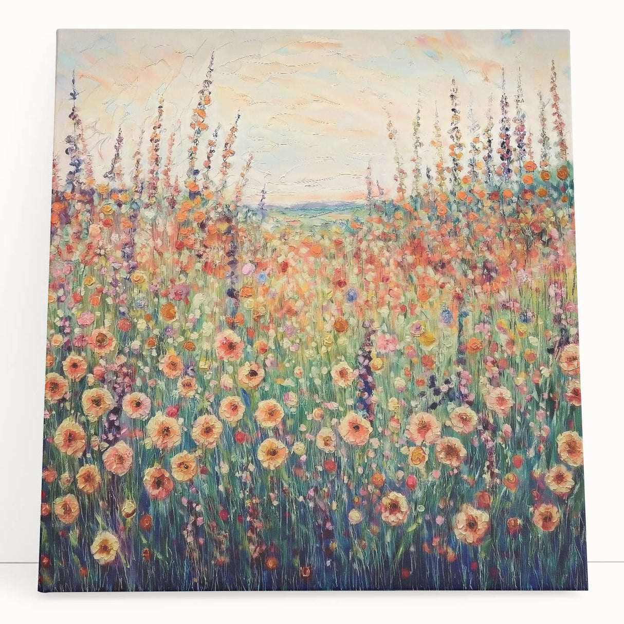 Abstract floral canvas art featuring vibrant, multicolored blooms and intricate patterns, elegantly leaning against a neutral wall, perfect for modern home decor.